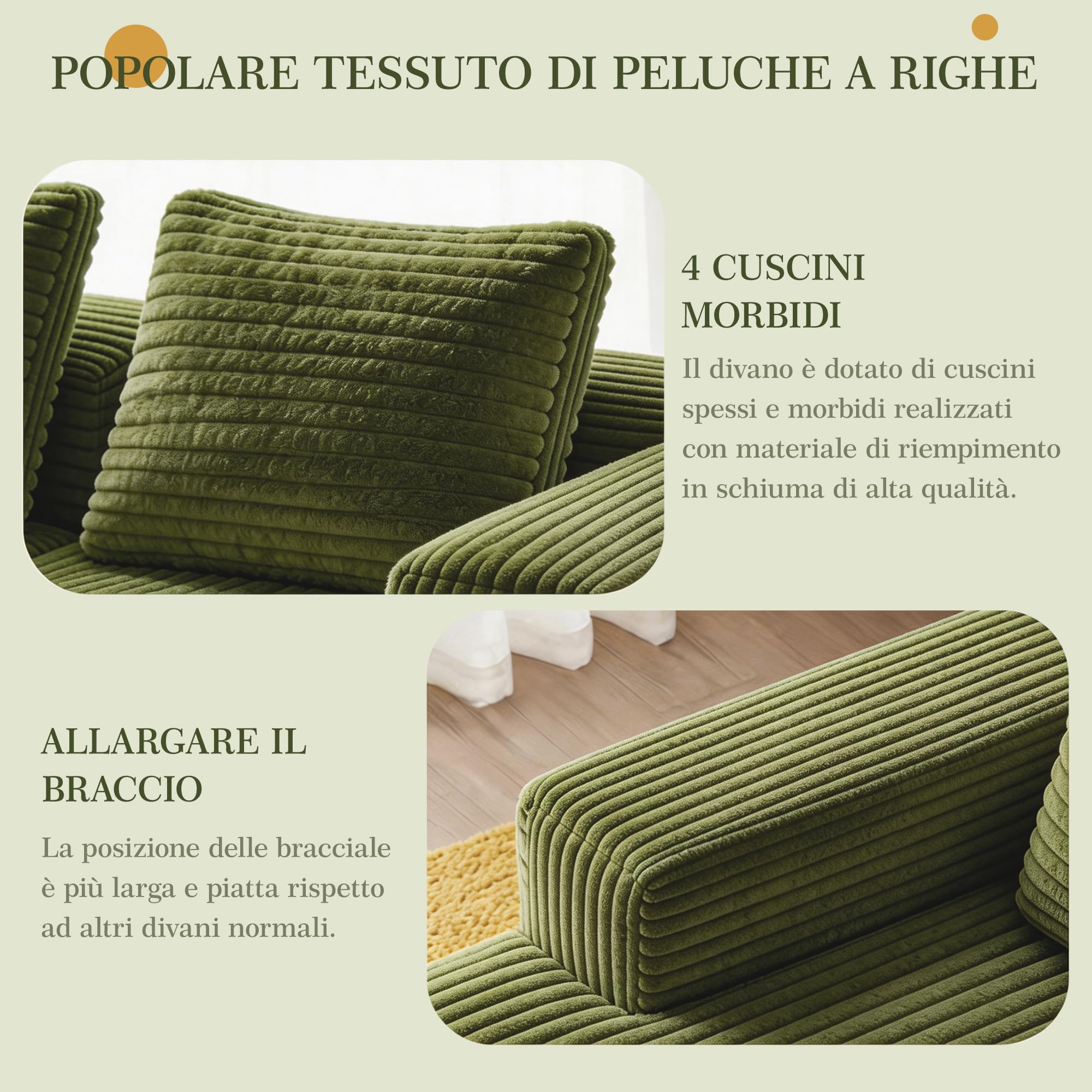 Canapé d'angle 261x145cm en Velours Côtelé - Mousse à Mémoire et Haute Résilience - Confort Orthopédique et Respirant - Canapé d'accueil Moderne Vert pour Salon