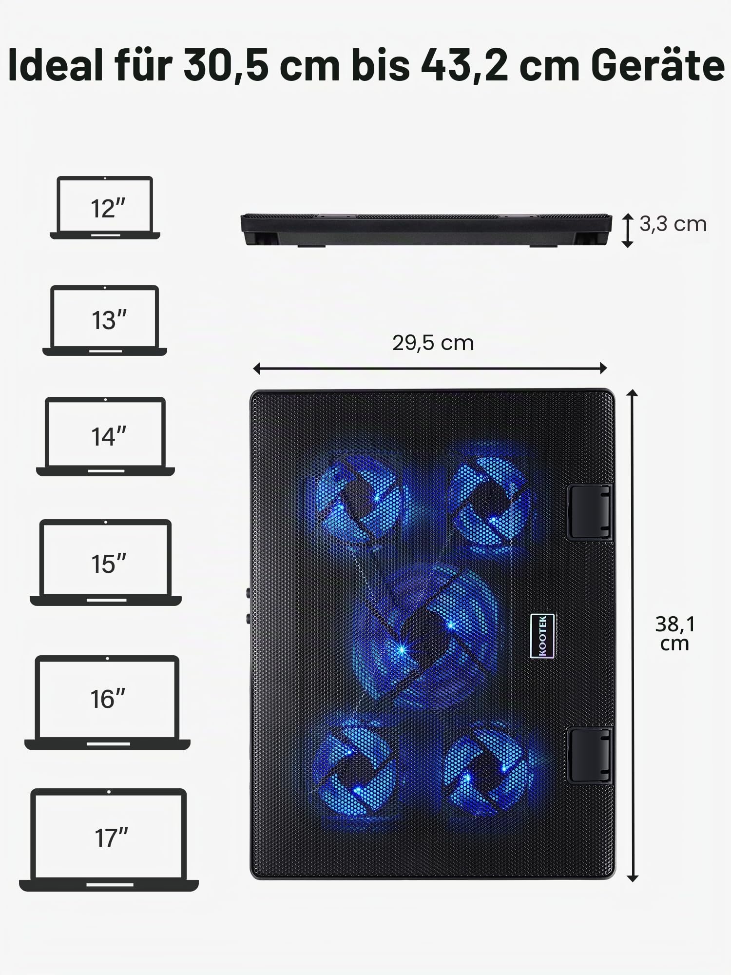 Kootek Laptop-Kühlkissen, 30,5 cm - 43,2 cm, 5 leise Lüfter, LED-Lichter und 2 USB-2.0-Anschlüsse, verstellbare Halterungen, Laptop-Ständer, Höhenwinkel, blau