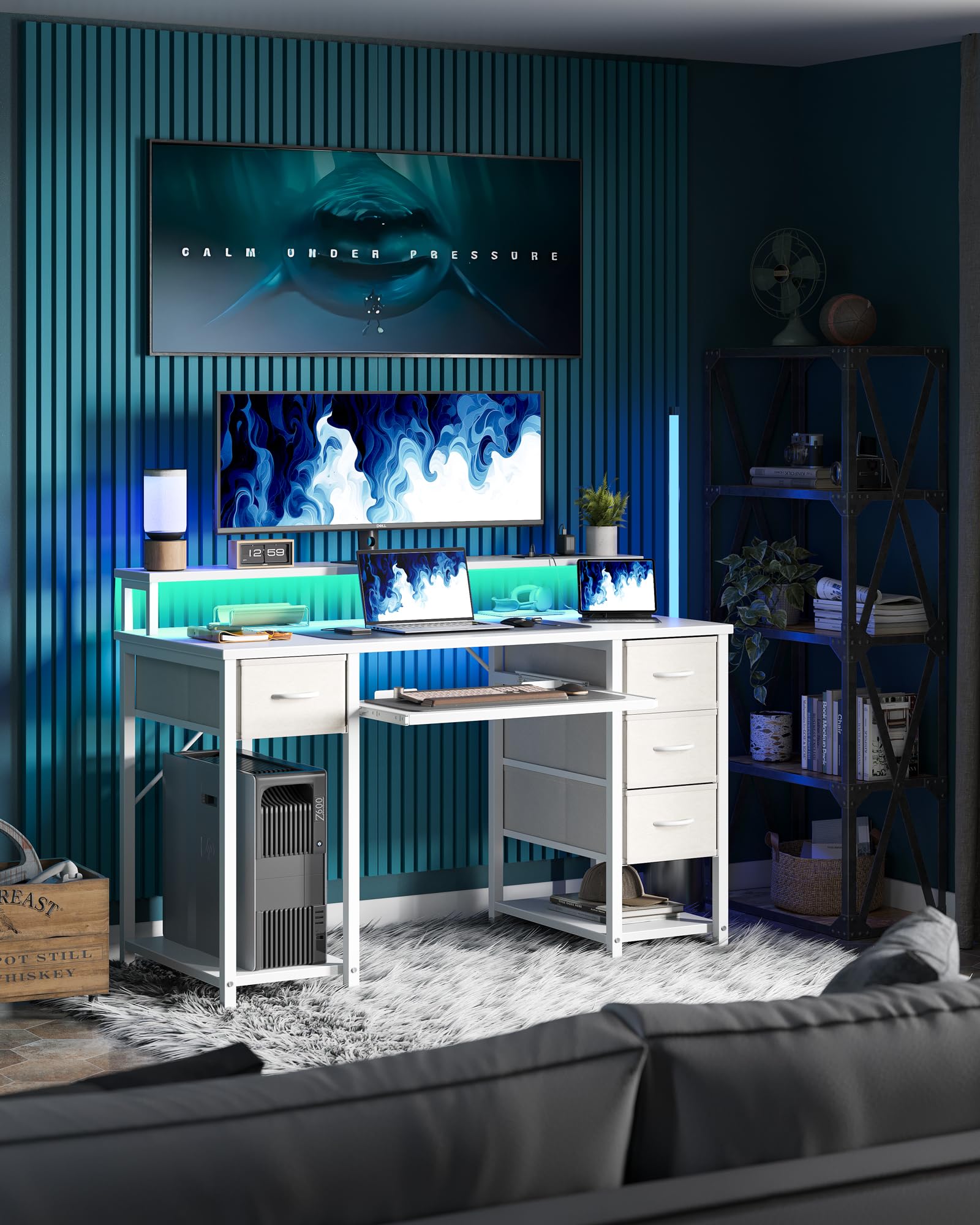 BEXEVUE Scrivania Moderna LED con Ciabatta - 120x50cm Scrivania Gaming Tavolo Computer con Supporto Monitor Vassoio per Tastiera, 4 Cassetti Reversibili, Grande Spazio Studio Gioco Lavoro Casa Ufficio