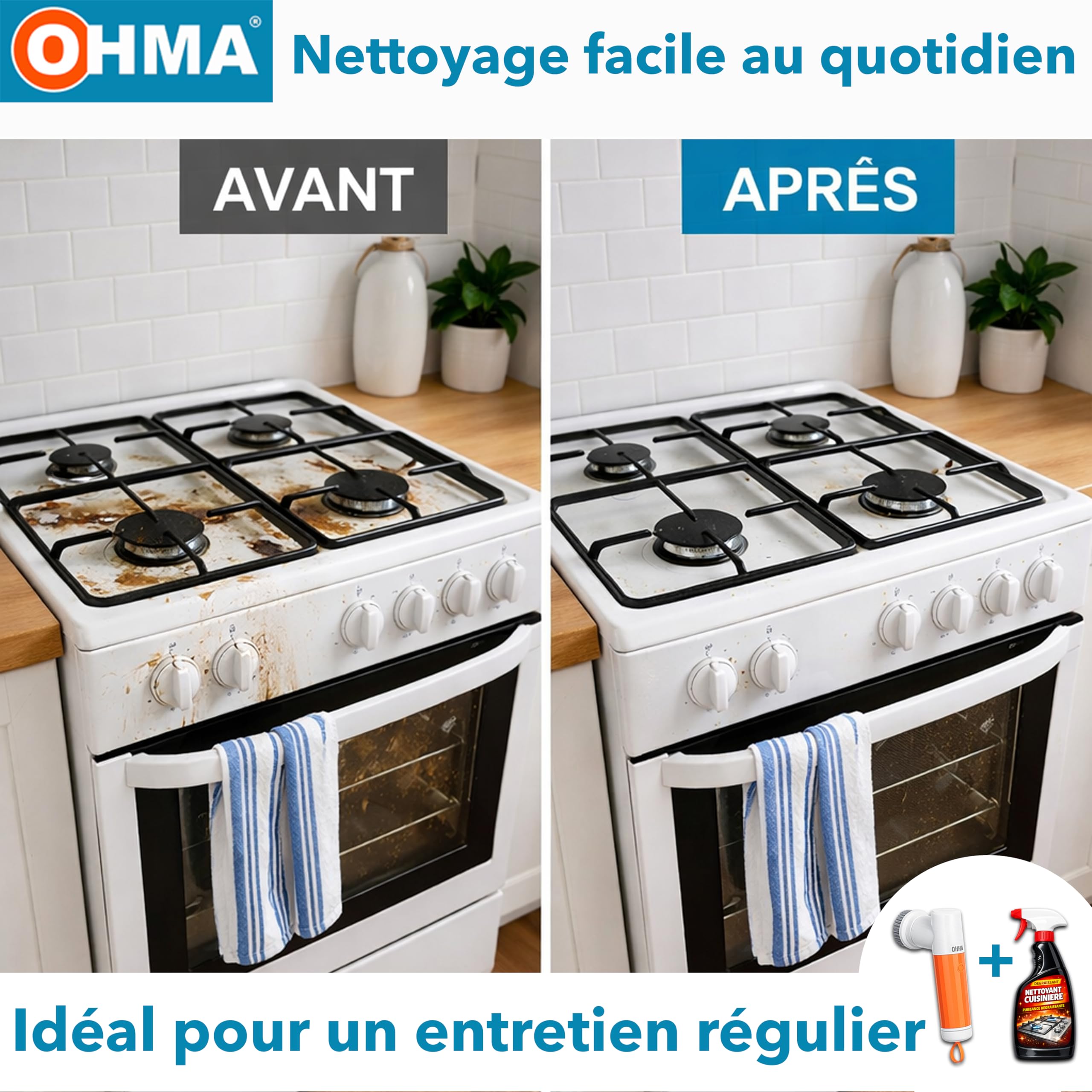 OHMA Brosse de Nettoyage Électrique Rotative – 4 Têtes – Jusqu'à 2h30 d'autonomie - Joints, Carrelage, Douche, Salle de Bain et Cuisine – Étanche IPX7 – USB-C – Garantie 3 Ans
