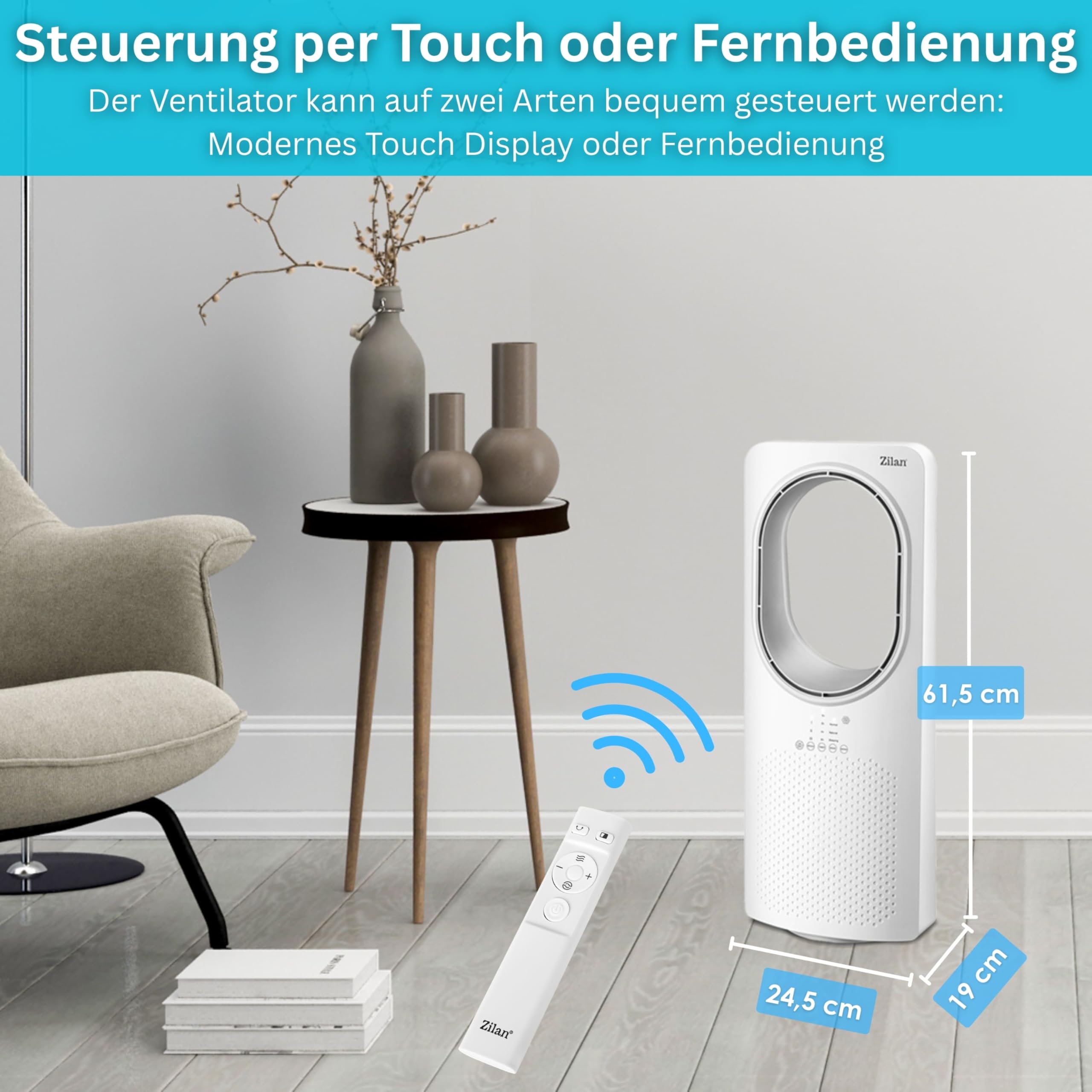 Zilan Turmventilator mit Fernbedienung Aircooler Luftkühler Design Standventilator energiesparend leise oszillierend Bodenventilator Säulenventilator mit Kühlung Tower Fan Mobile Klimaanlage