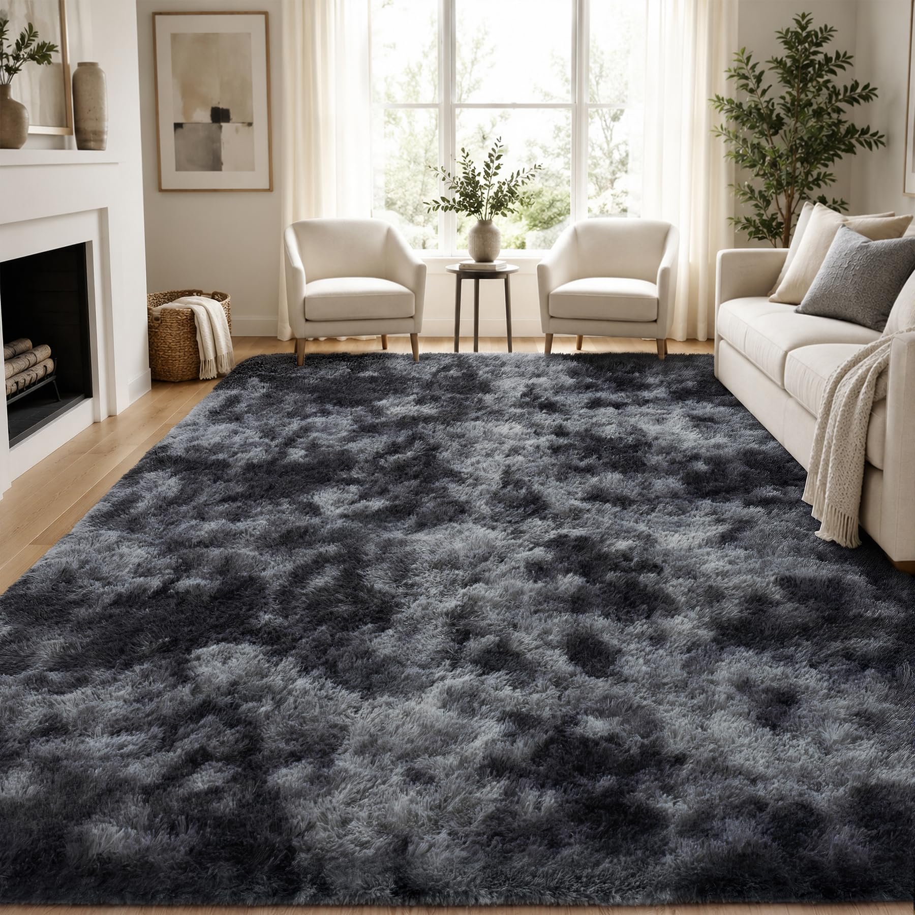 Fluffy Shag Area Rug - 8x10 Black Grey