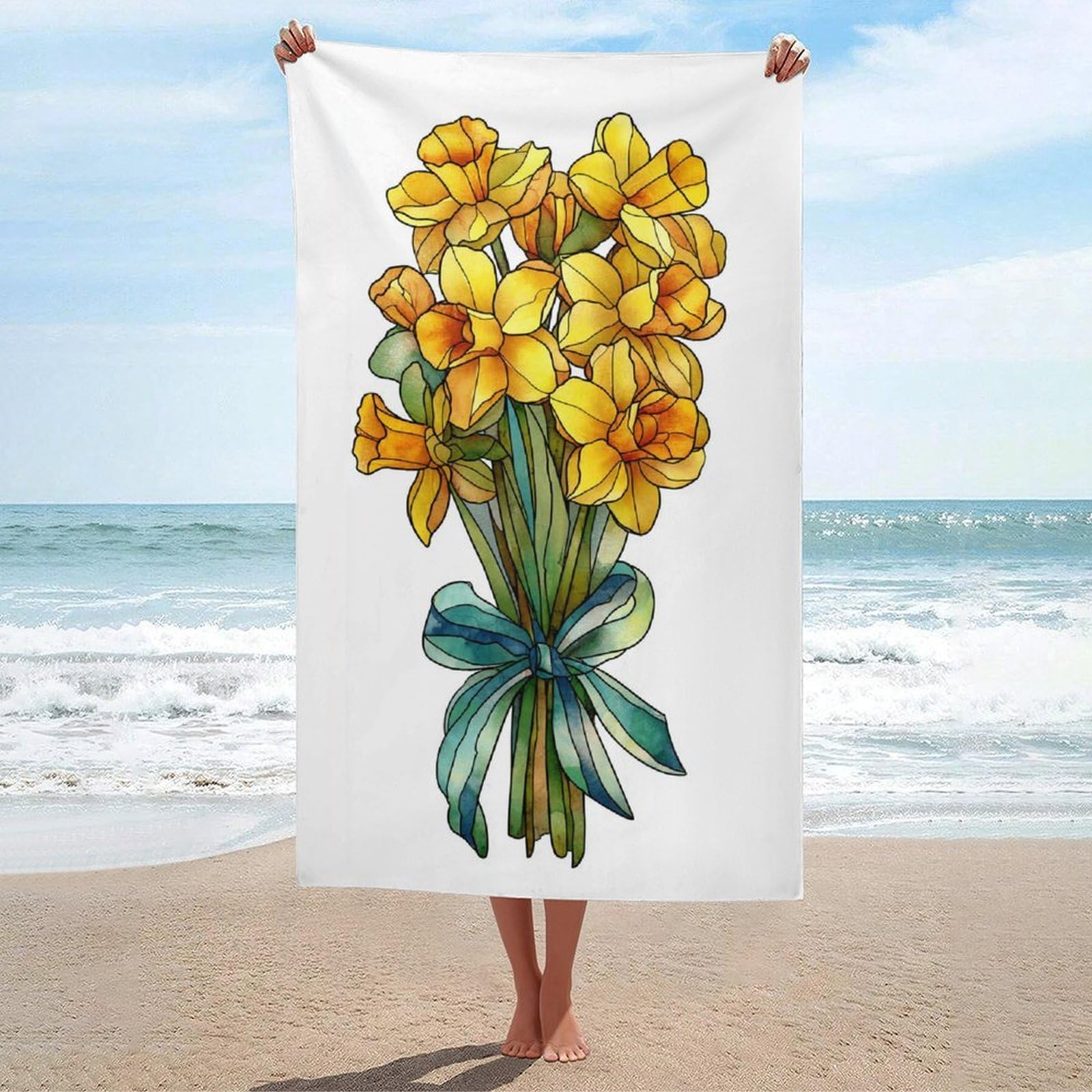 asbwuo Stained Glass Daffodil Bouquet with Ribbon Beach Towel