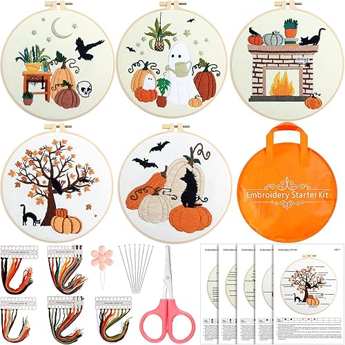 Yuxung Juego de 5 juegos de iniciación de bordado navideño con patrón de copo de nieve, kits de bordado de invierno para principiantes, gama