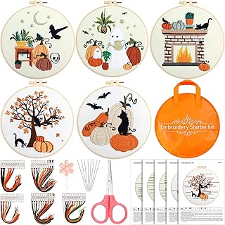 5 Sets Halloween Embroidery Kit for Beginners DIY Adult Beginner Embroidery Kits with Halloween Pattern Embroidery Hoops Needles Threads Scissor Storage Bag Needle Threaders and Instructions