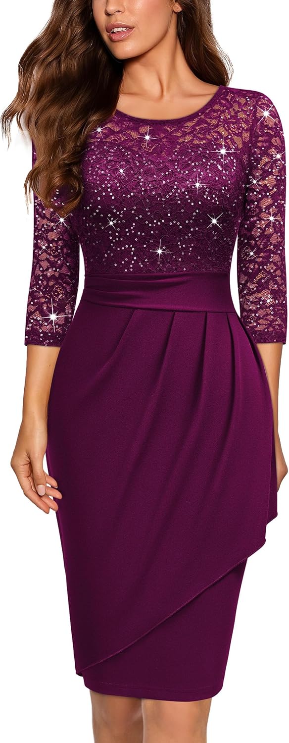 Miusol Women's Elegant Scoop Neck Glitter Sequin Lace Cocktail Party Dress