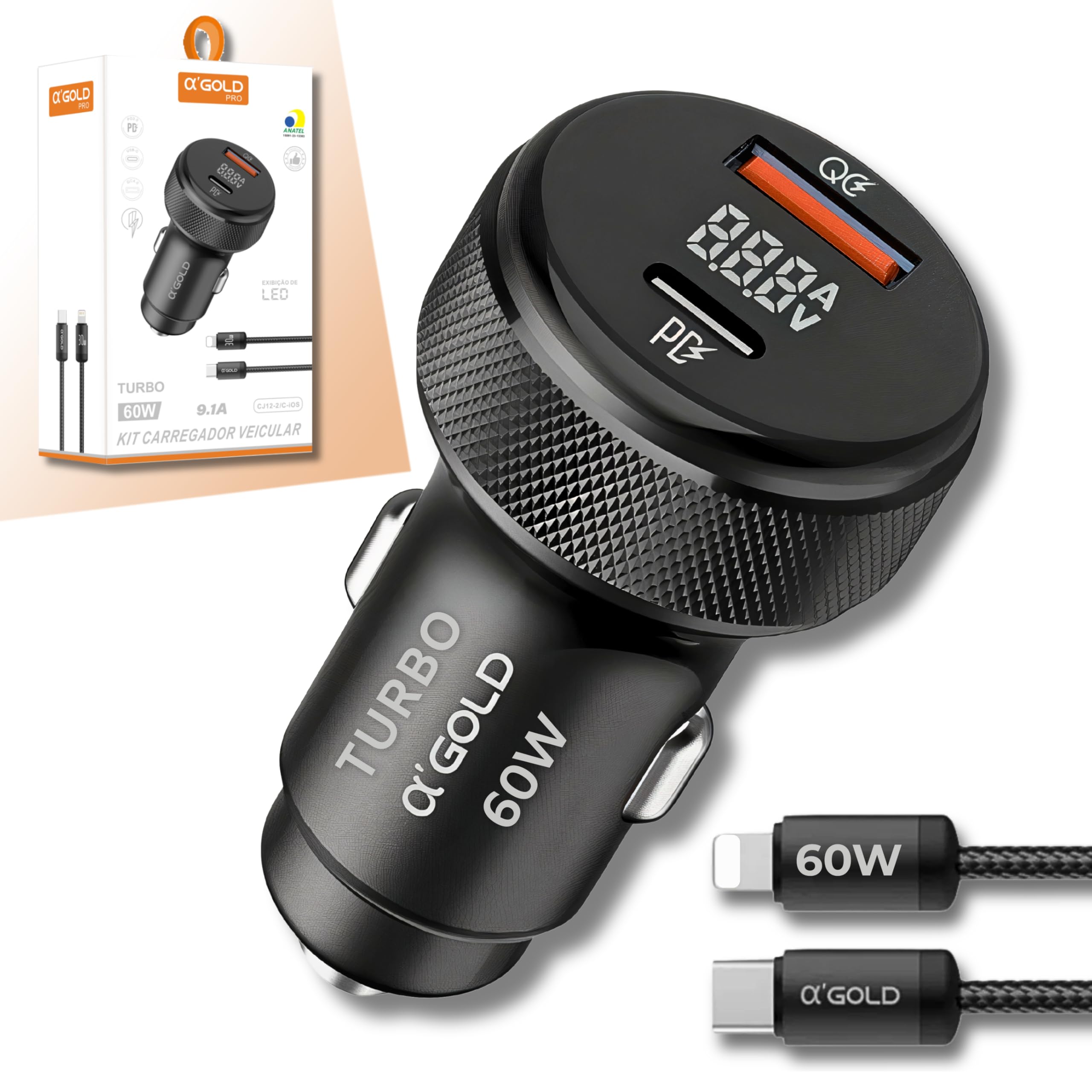 Carregador Turbo Veicular 60W, DUAS Portas, Entradas Carregamento Super Rápido + Cabo