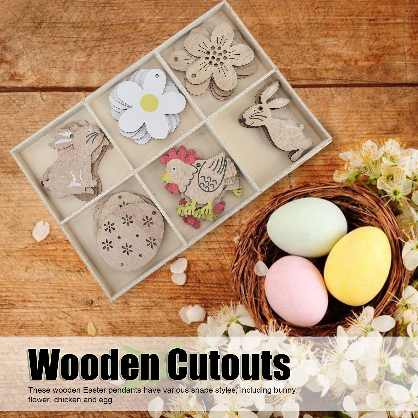 Lot de 30 pendentifs de Pâques en bois, lapins, fleurs, œufs de poule, bois durable, découpes en bois accrocheuses pour décoration DIY Lot de 30 pendentifs de Pâques en bois, lapins, fleurs, œufs de poule, bois durable, découpes en bois accrocheuses pour décoration DIY