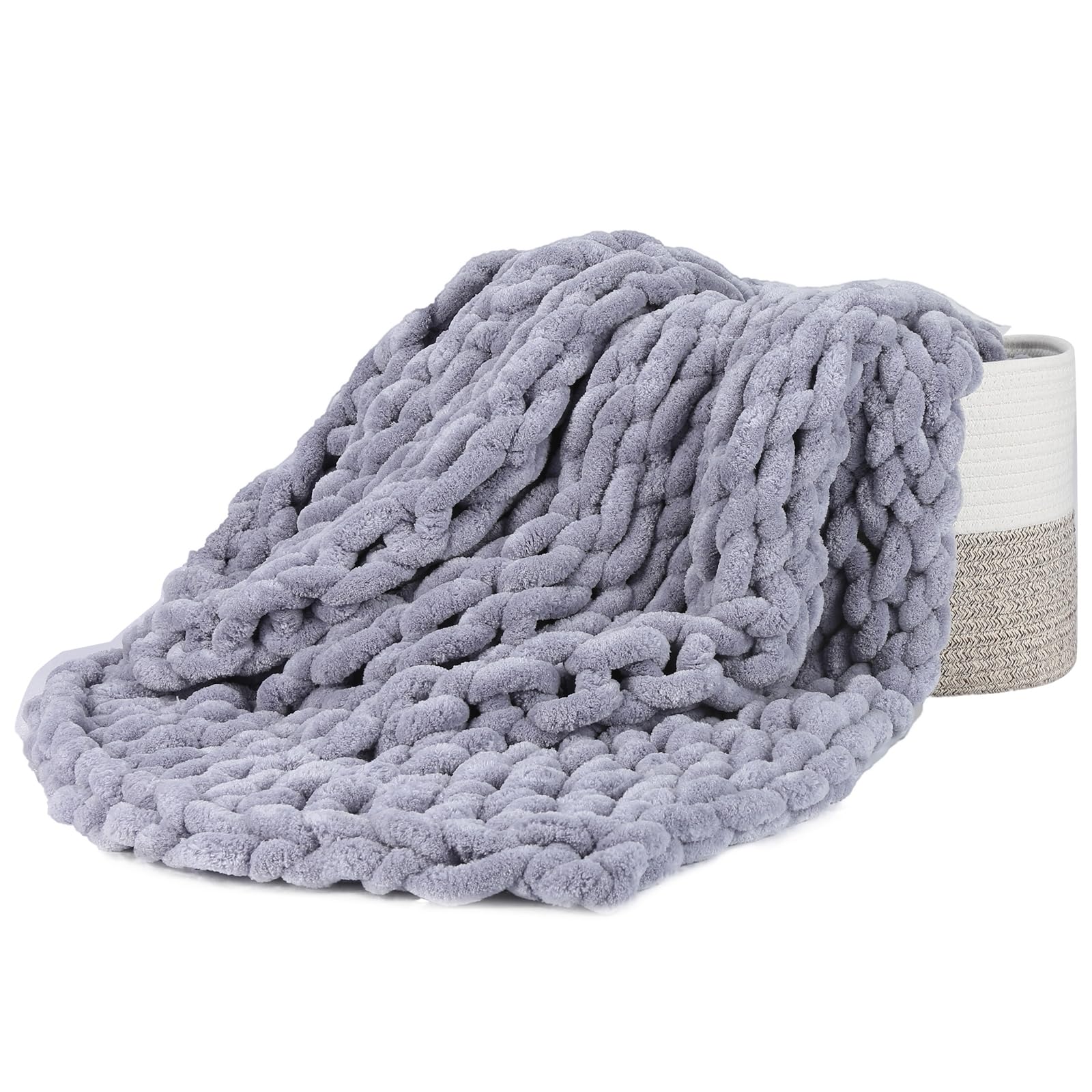 Spetime Cozy Chenille Chunky Knit Throw Blanket, Big Chenille Yarn Braided Crochet Throw Blanket: Handmade Comfort for Couch Bed Sofa (Gray-Blue, 50"x60")