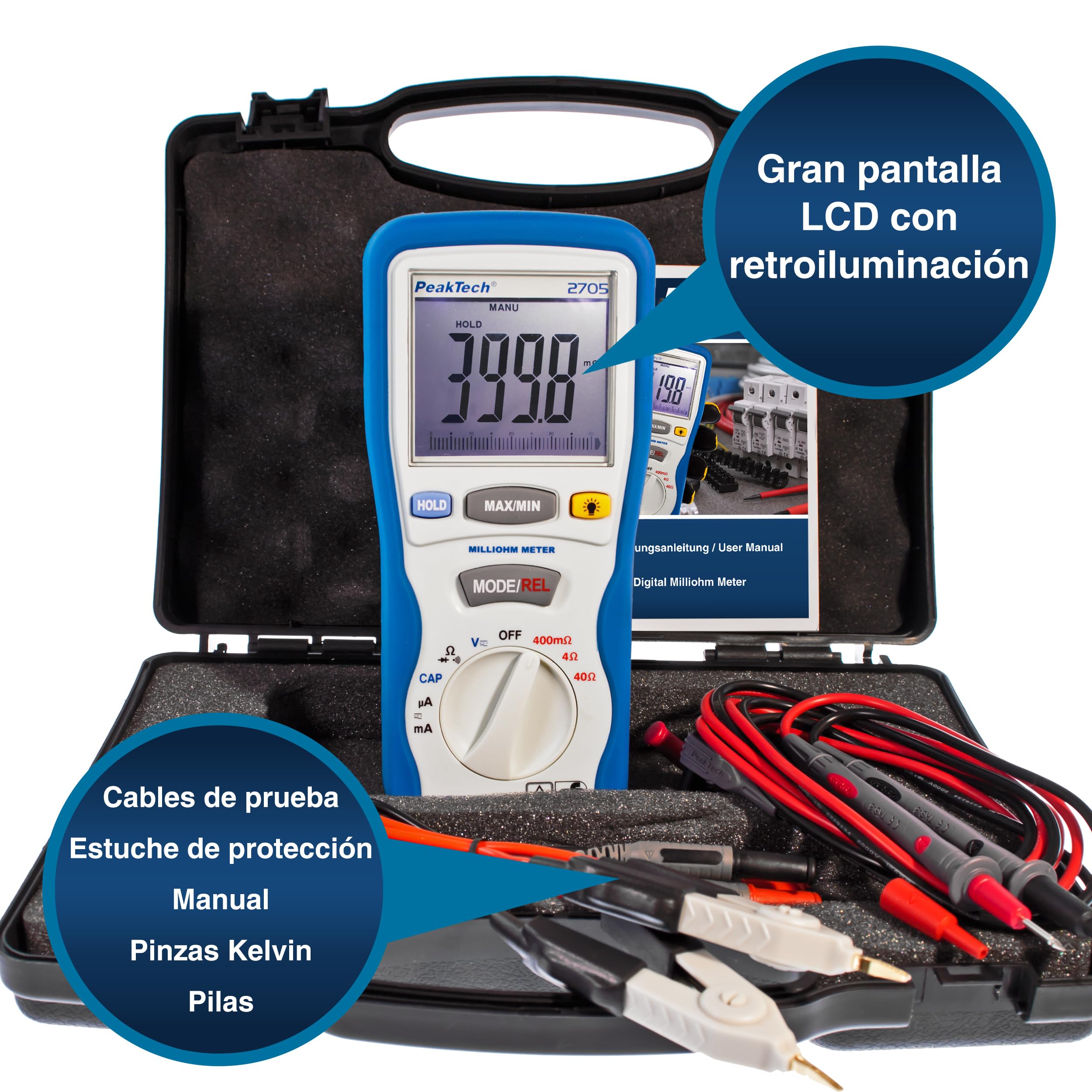 PeakTech 2705 Miliamperímetro digital CAT III 1000 V con cables Kelvin de 4 pines
