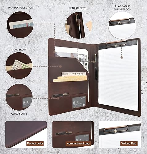 Miniatura 2 de AZXCG Portapapeles de cuero, carpeta de currículum, organizador profesional de negocios para bloc de notas A4, bloc de escritura A4 para negocios,