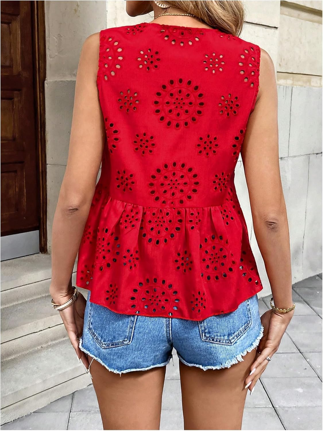 MakeMeChic Women's Boho Top Bow Tie Front Blouse Eyelet Embroidery V Neck Shirt Ruffle Hem Sleeveless Summer Tops - Image 3