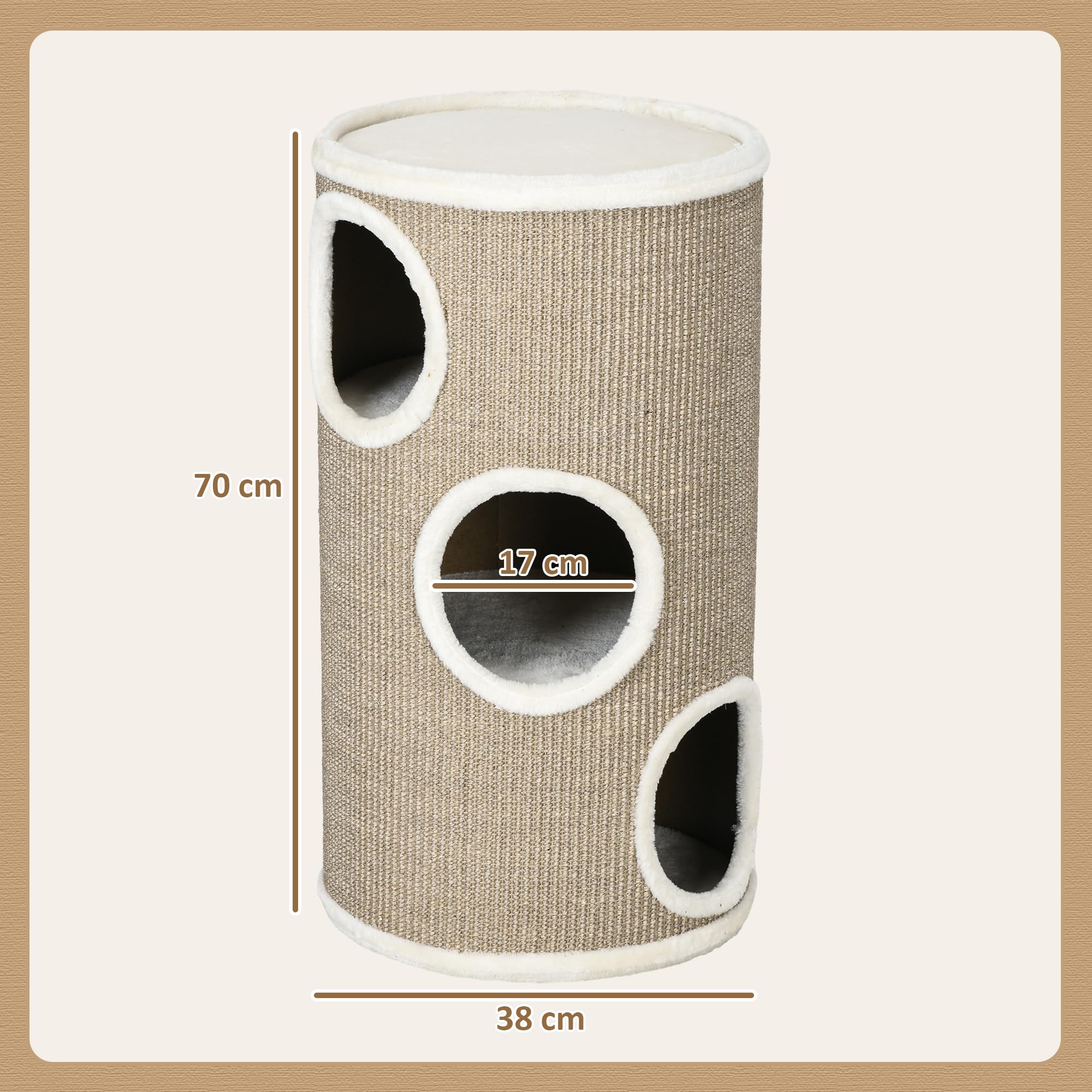PawHut Tonneau à griffer, hauteur 70 cm, tonneau de jeu pour chats, 3 niveaux, arbre à chat avec 3 cavités, arbre à chat, tour à griffer en sisal, meuble pour chats, peluche, marron