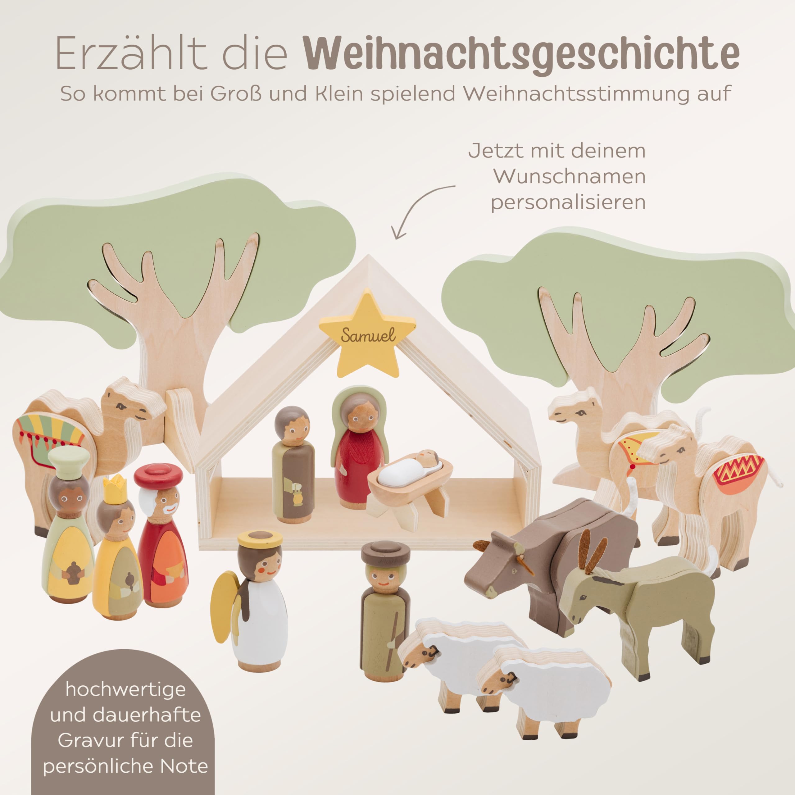 wunderwunsch Weihnachtskrippe Kinder personalisiert, Krippe Weihnachten, Krippenfiguren, Weihnachtsdeko Kind, Weihnachtskrippen Holz, Jungen und Mädchen