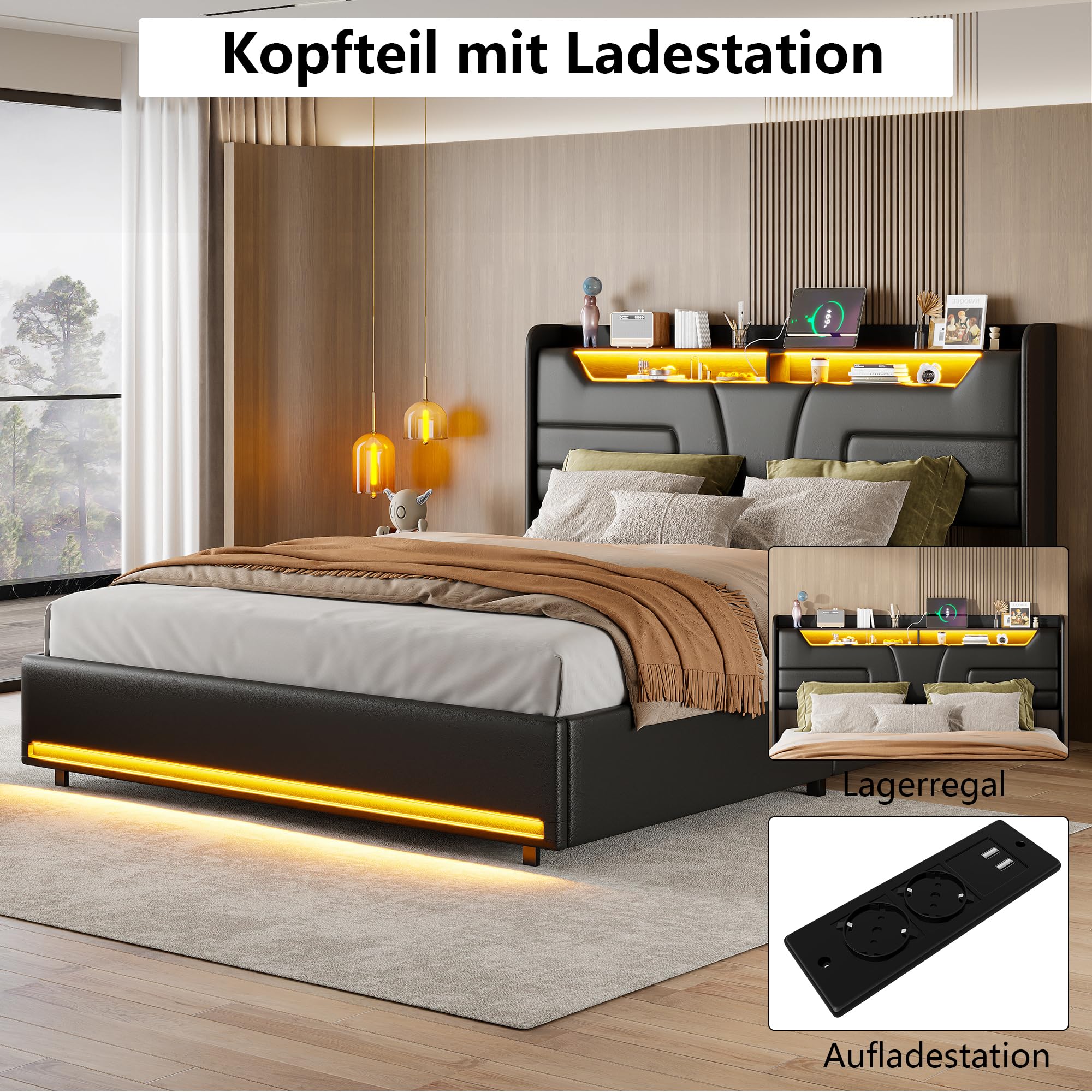 Doppelbett 160 x 200 cm Gepolstertes Bett aus PU mit Ladeanschluss und LED-Kopfteil, Hydraulisches Bettgestell mit Stauraum und Lattenrost, Schwarz Kunstleder (ohne Matratze)