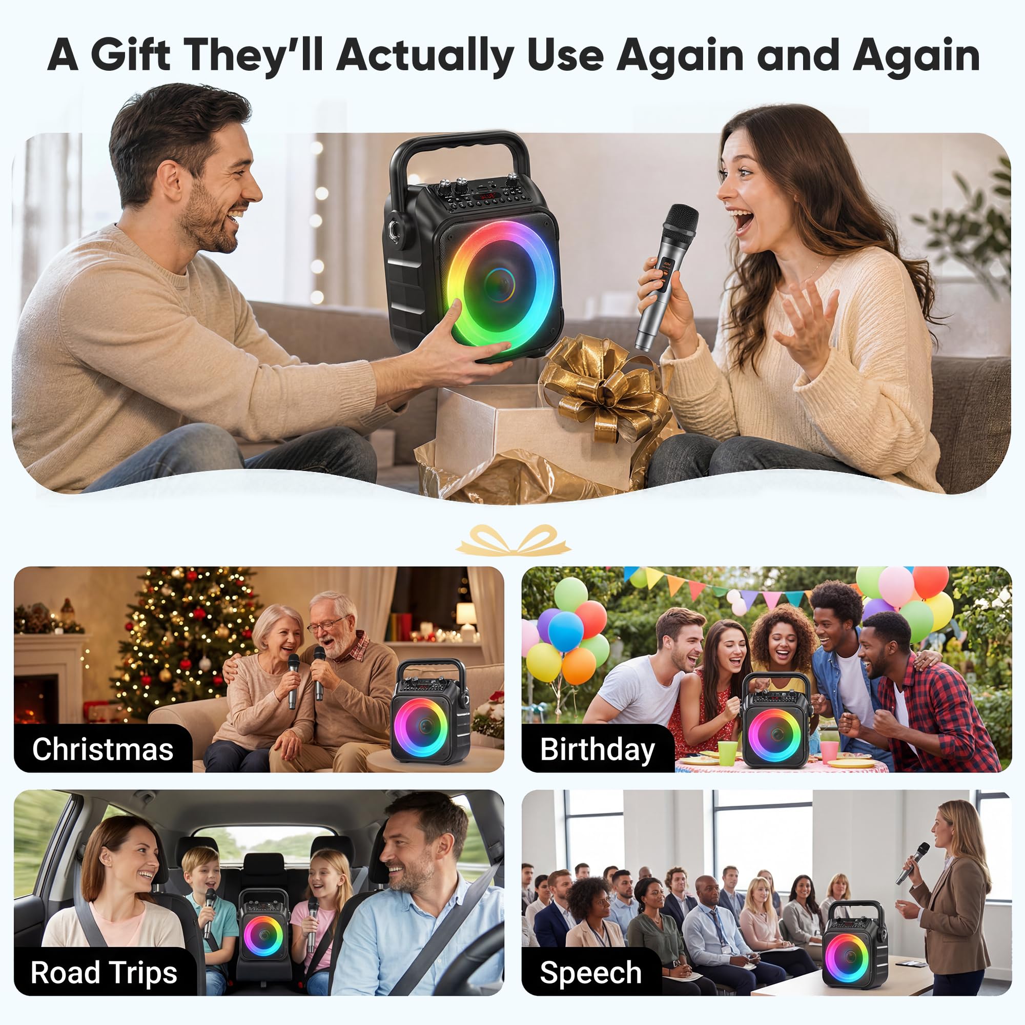 Wowstar - Altoparlante per karaoke con 2 microfoni per adulti: altoparlante per karaoke con microfoni wireless, mini set di macchine per karaoke, altoparlante Bluetooth portatile per TV, telefono,