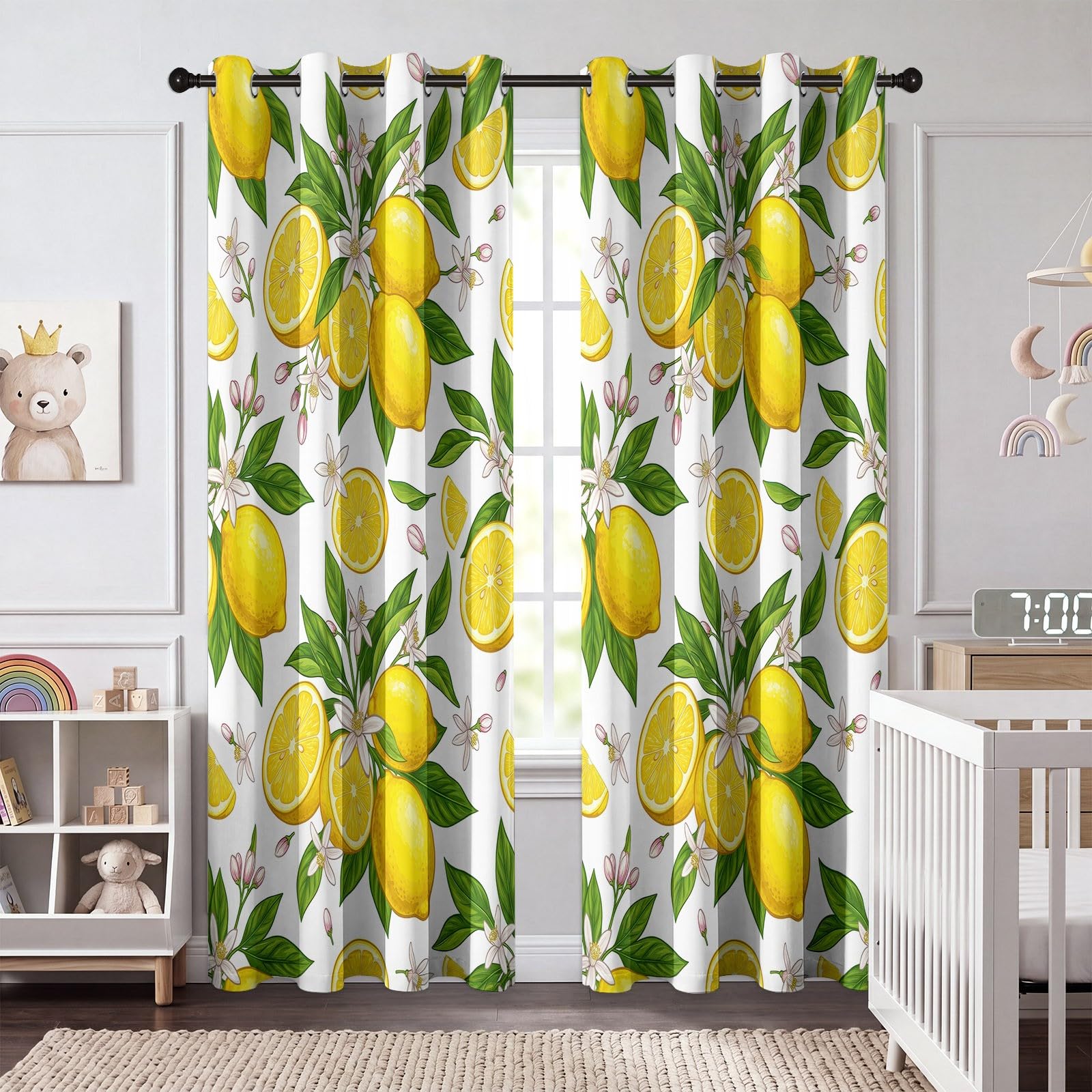 Generisch Verdunkelungsvorhänge mit Aquarell Früchte Zitrone Blumen Blätter Print, Cartoon Natur Vorhänge für Wohnzimmer Schlafzimmer, Schalldicht Wärmeisolierend Gelb Vorhang, H140 x B90 cm x 2