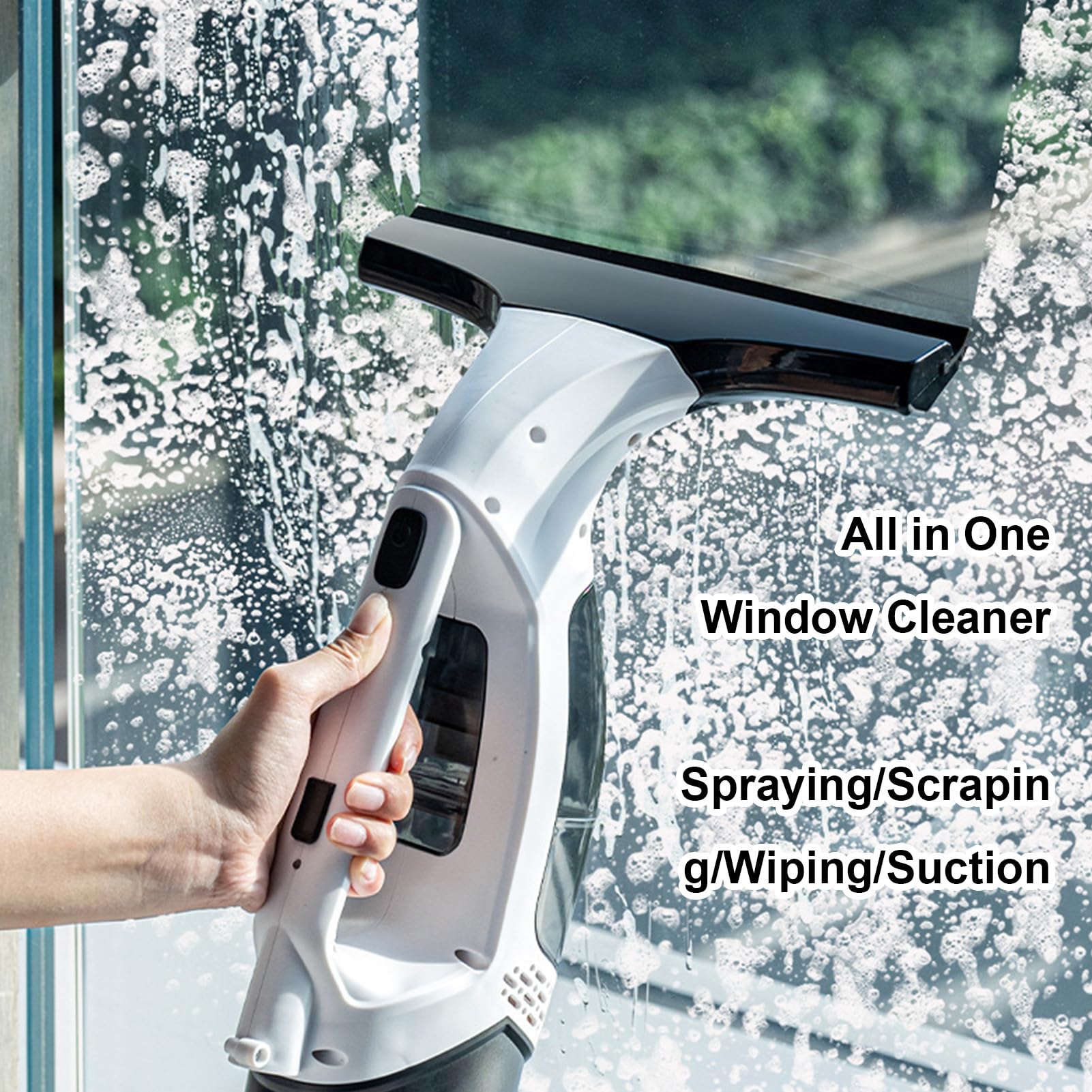 Fockety Fenstersauger, Kabelloser Elektrischer Fenstersauger, Wiederaufladbares Fensterreinigungsgerät mit 150 Ml Wassertank und Sprühflasche für Spiegel, Duschtüren, Fliesen (Black)