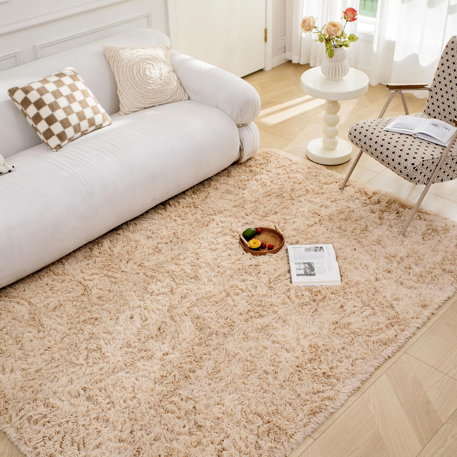OMERAI Living Room Rugs Anti Slip Rug Fluffy Faux Fur Rug Bedroom Velvet Carpet Plush Shaggy Area Rug Modern Floor Mat for Home Decor (Beige,90x150cm) - Image 2
