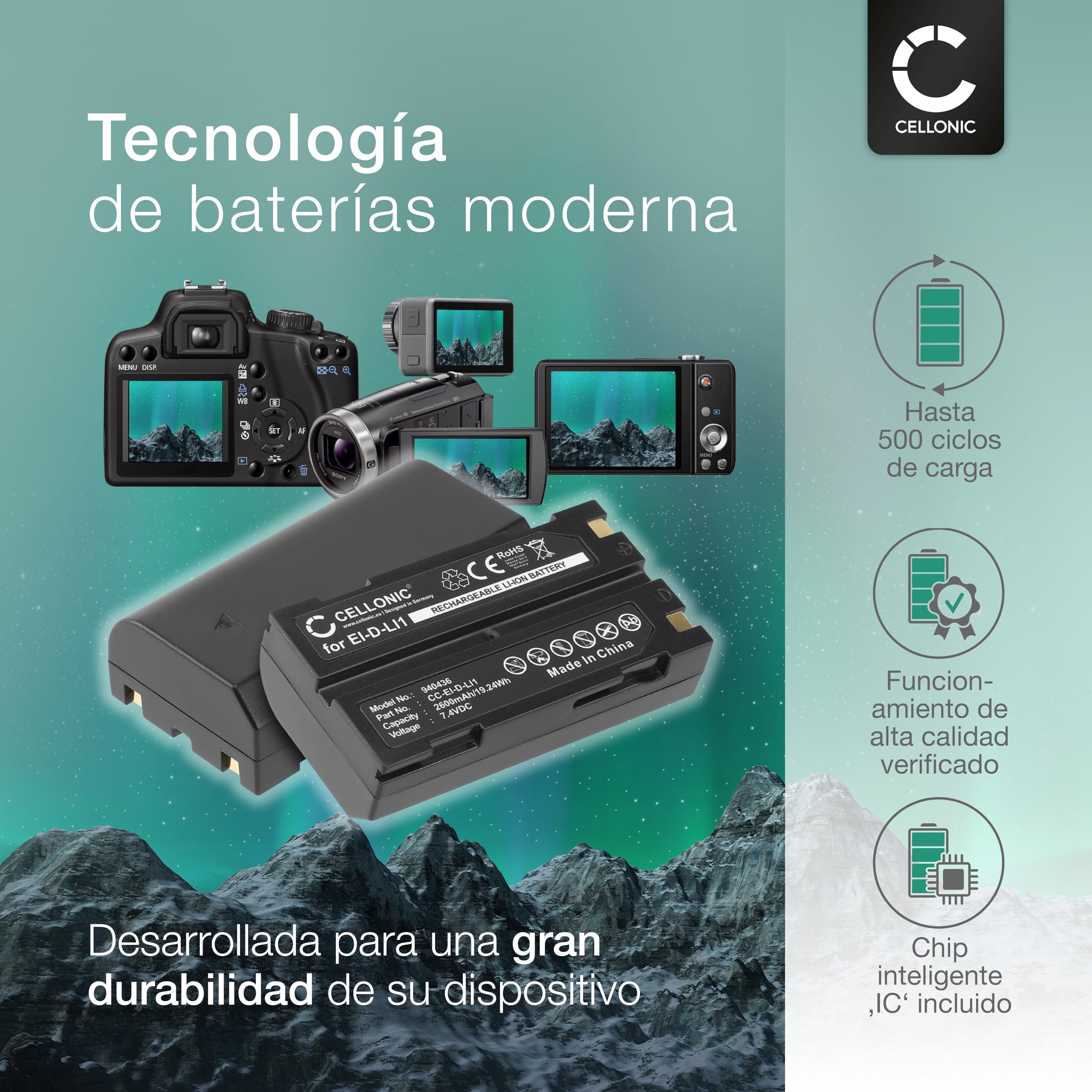 CELLONIC, Batería para Tecnología doméstica, Compatible con Trimble EI-D-LI1, R4, Photosmart 5800, MT1000 (7.4V, 2600mAh) 2 Unidades