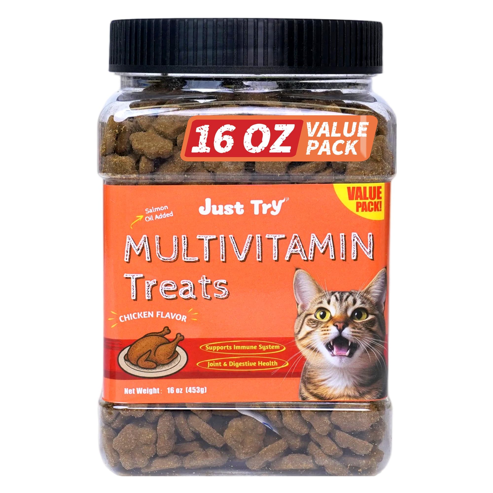Just Try Cat Multivitamin Treats - Taurine for Cats L-Lysine For Cats, Support Overall Vitality, Chicken Flavor, Training Treats 16 oz