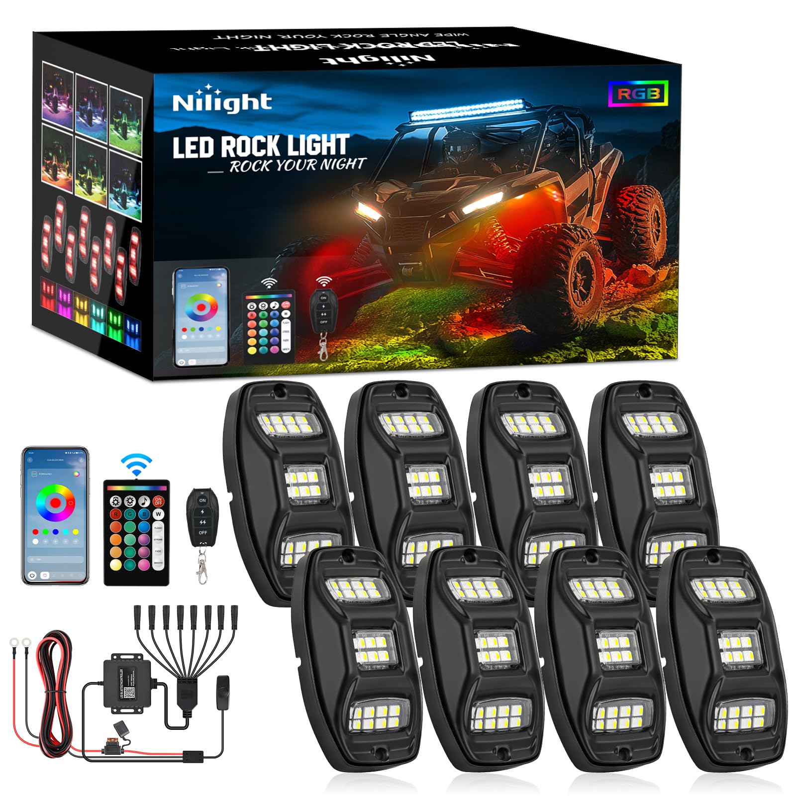 Nilight RGBW LED Rock Lights Kit 8 Pods 22 LEDs Wide Angle Lighting