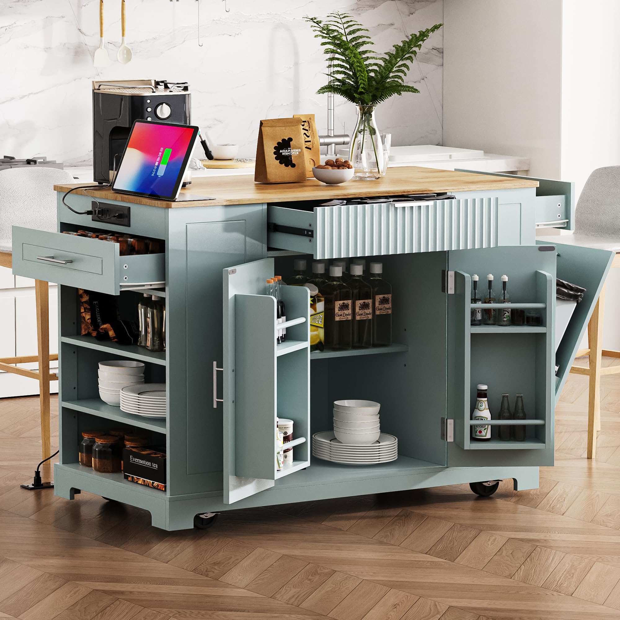 Mobile Kitchen Island on 5 Wheels, Fluted Kitchen Island with Trash Can Storage Cabinet, Adjustable Shelves, Internal Storage Rack, 3 Open Side Racks for 10 Gallon Garbage Bin (Grey Blue/379)