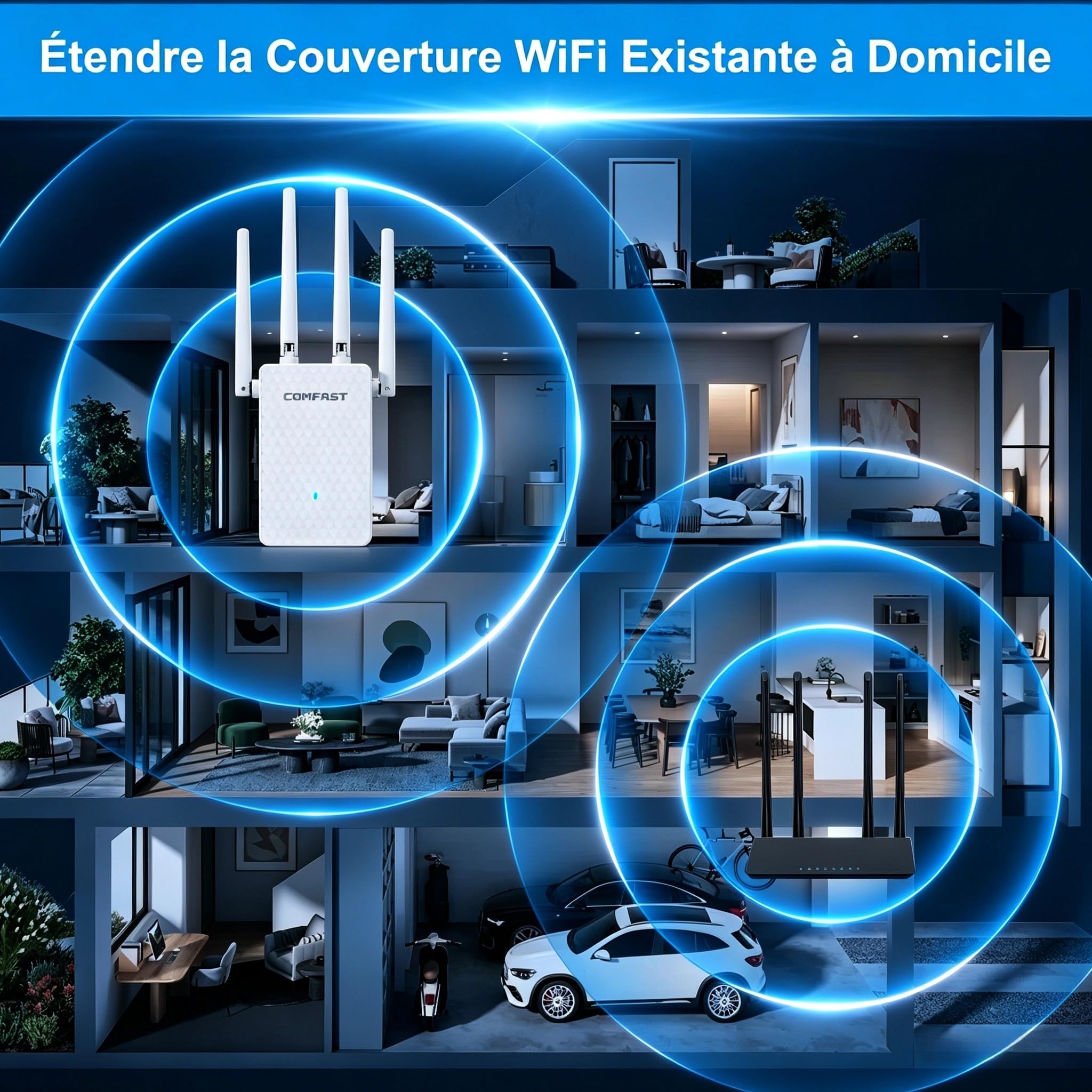 COMFAST Répéteur WiFi AC1200 Mbps, Amplificateur WiFi Puissant Double Bande avec 4 Antennes Haut Gain, Couverture 360°, Configuration WPS One-Touch, Port LAN, Compatible Toutes Les Box Internet