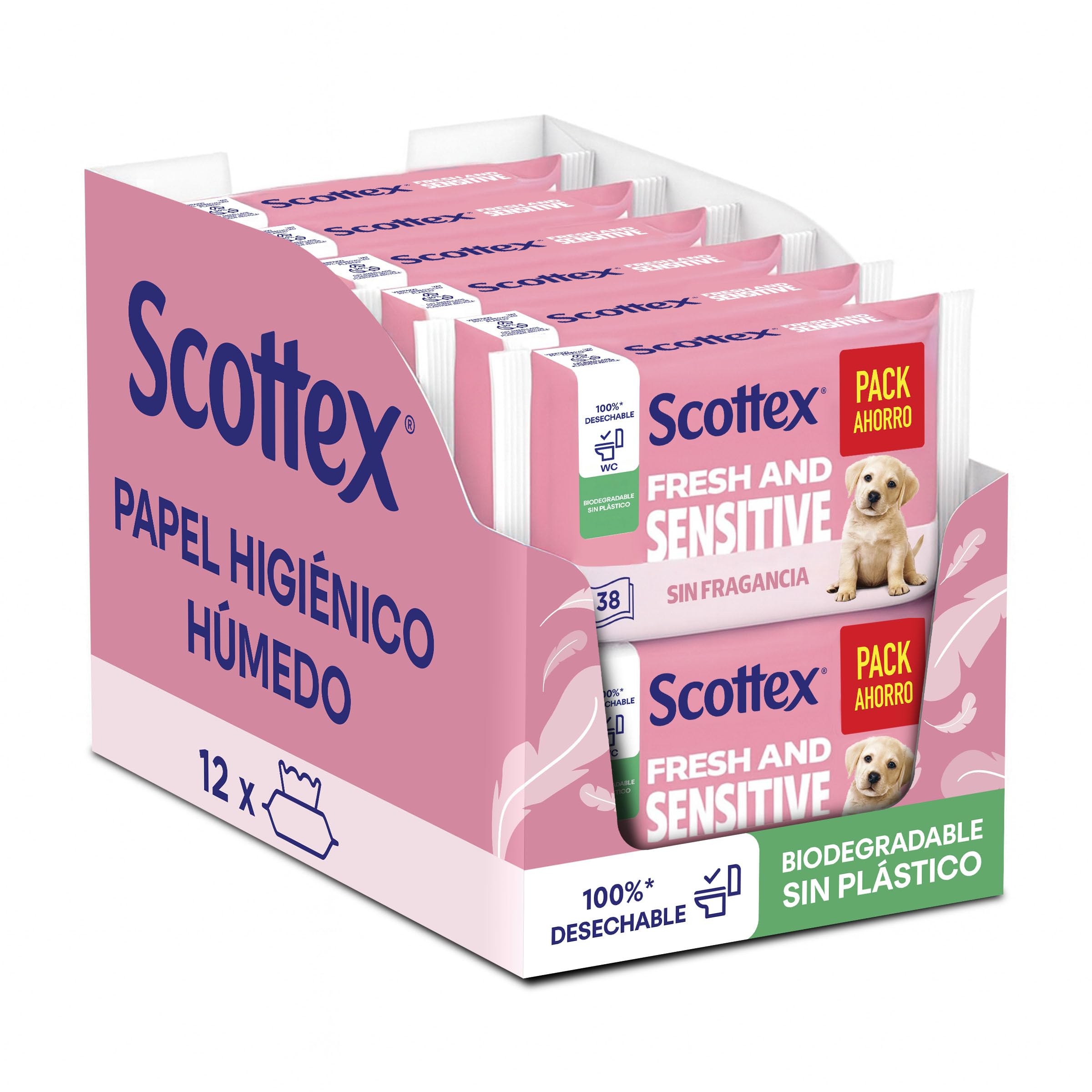 Scottex Sensitive Papel higiénico húmedo 38 servicios (38 servicios x 12 packs, Total 456 servicios)