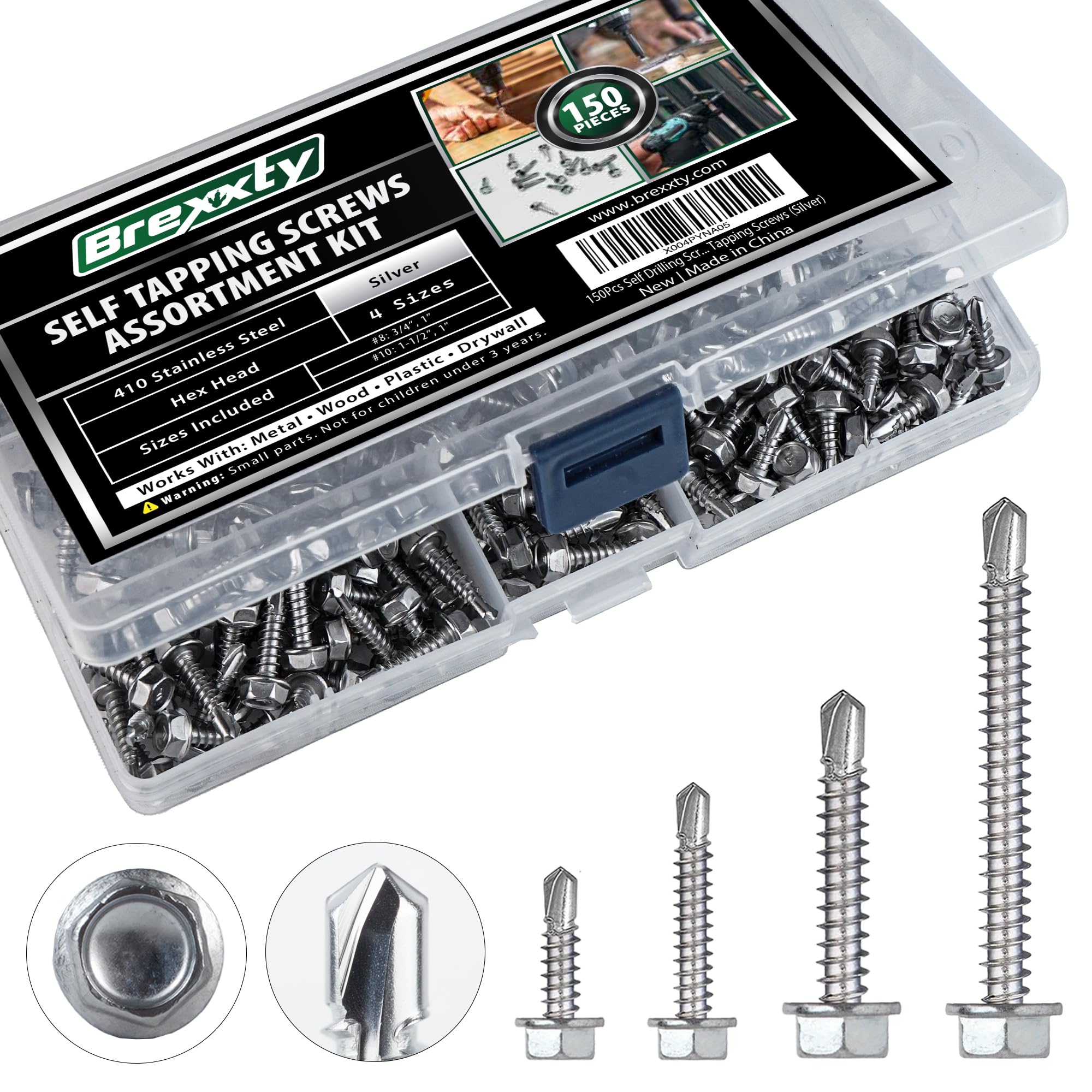 150 PCS Self Drilling Screws for Metal, Wood & Plastic – 410 Stainless Steel Self Tapping Screws Assortment – Includes #8 (1/2”, 3/4”) & #10 (1”, 1-1/