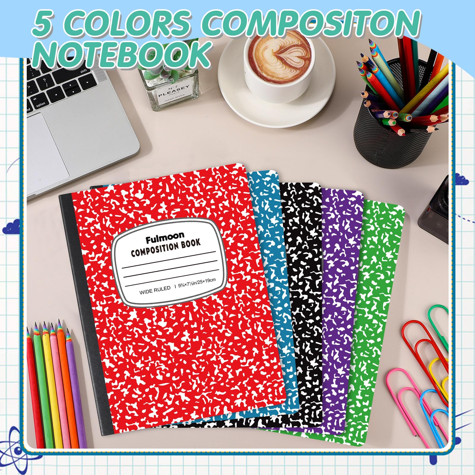 Fulmoon 200 Pcs Composition Notebooks Wide Ruled, Comp Book, 10.12"x 7.2", 30 Sheets Per Comp Book, Black Purple Blue Red Green, Marble Notebooks for School Home Office