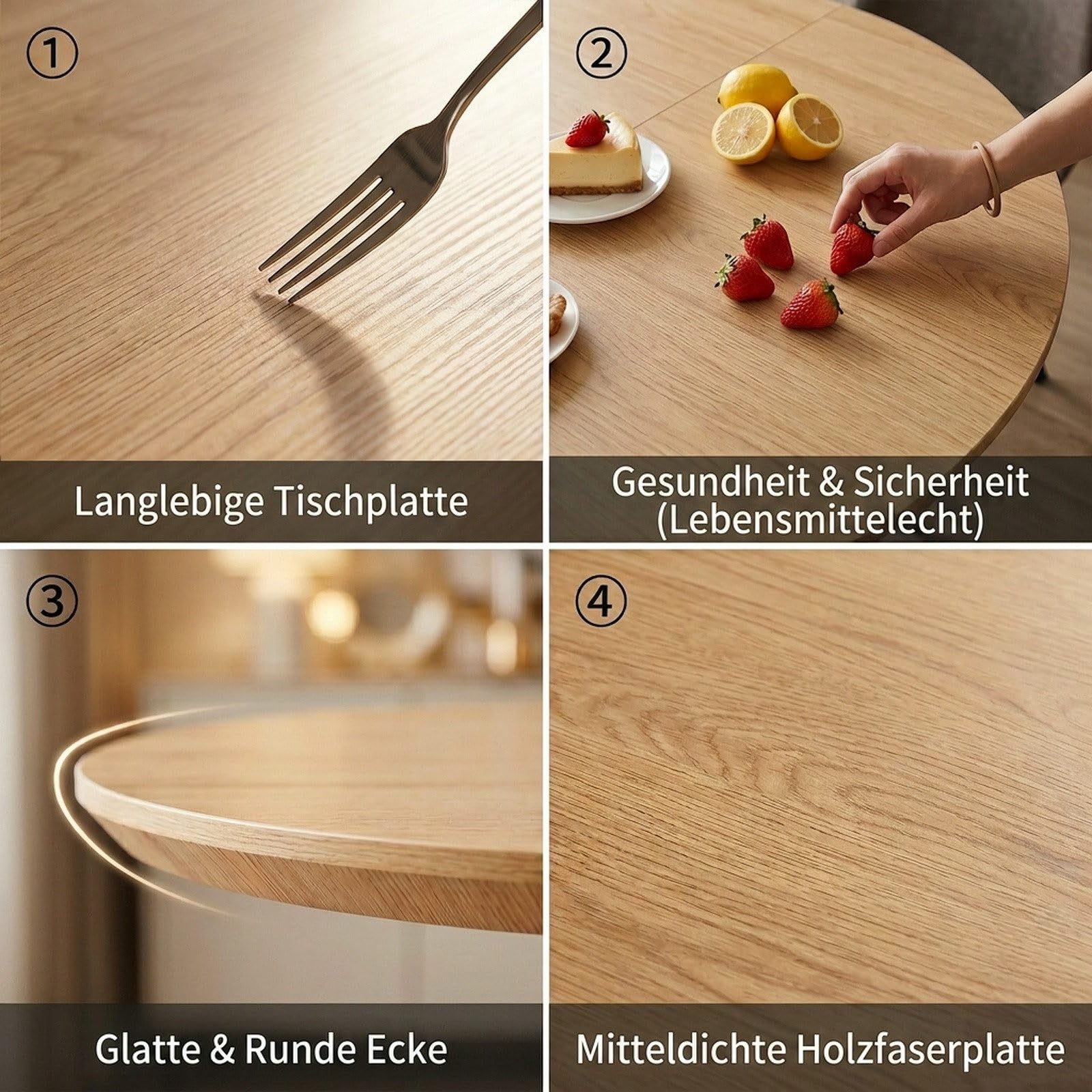 Wysuwany okrągły stół jadalny Rhein Wood Grain 110-150 cm metalowe nogi płyta MDF kolor drewna zawiera 4 grube czarne krzesła do jadalni, idealne na spotkania rodzinne