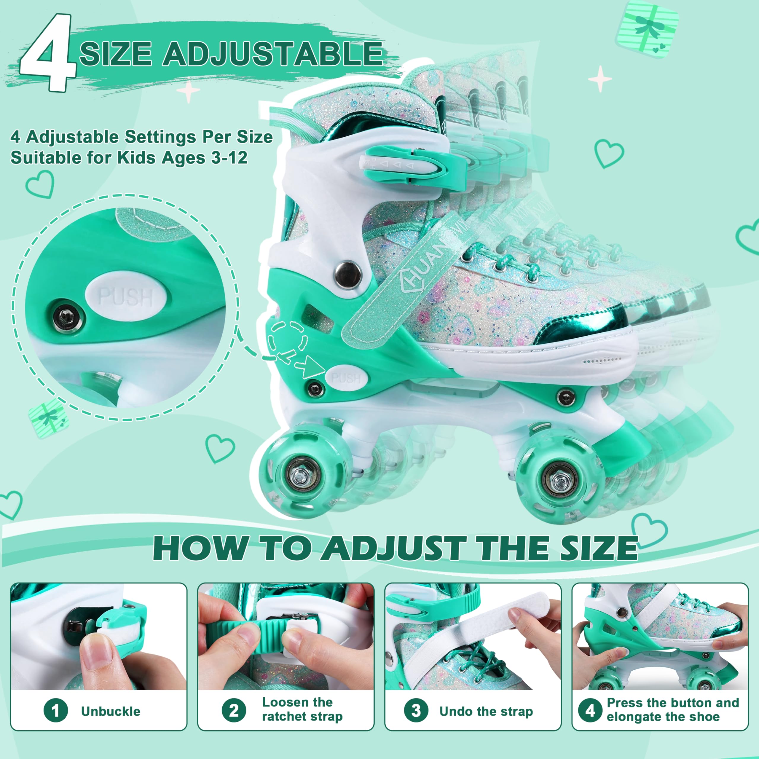 4 Sizes Adjustable Kids Roller Skates for Girls Boys Indoor Outdoor Sports, Love-Green, Medium-Big Kids,Teens - Image 3