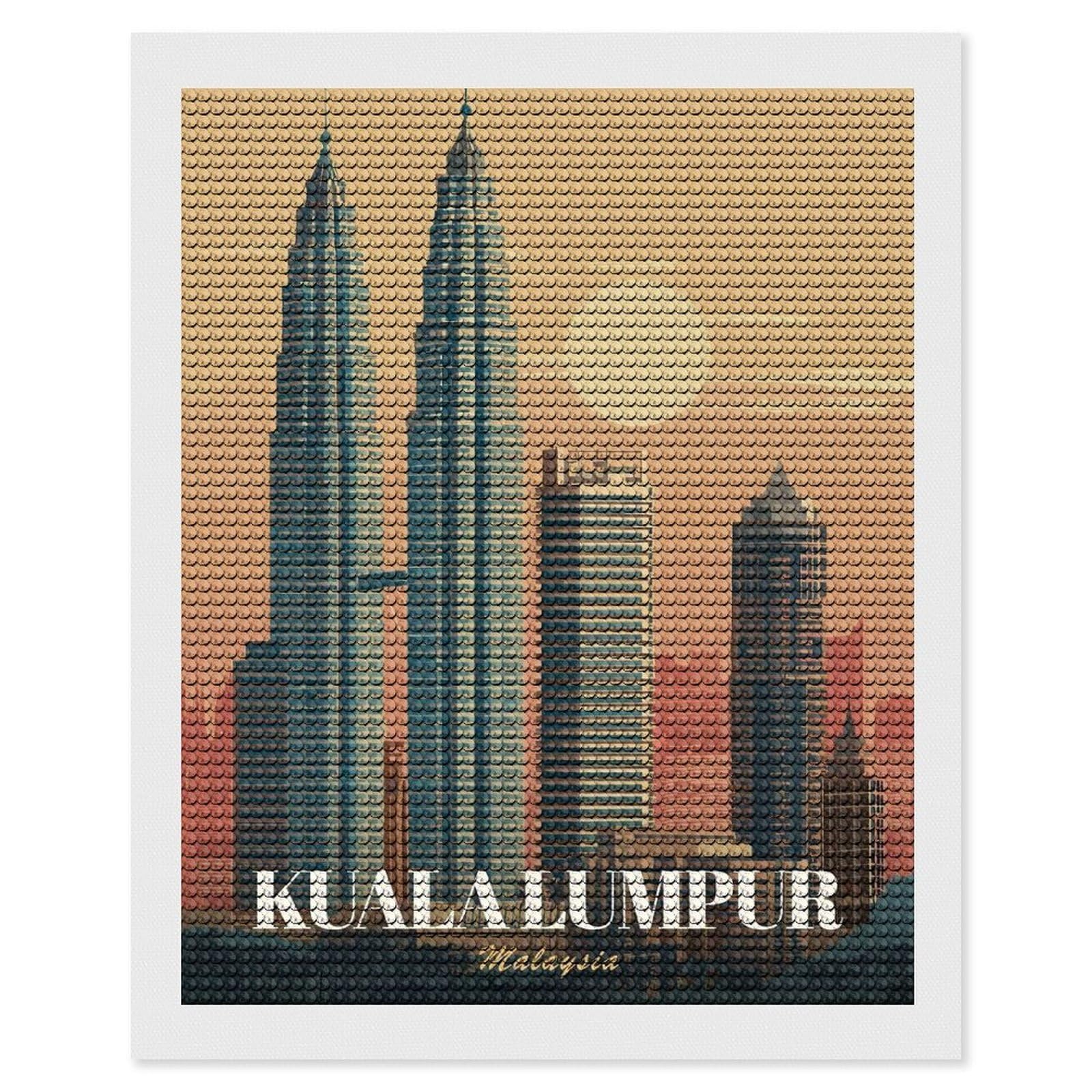 Junmoney Kuala Lumpur Cityscape Illustration Full Drill Diamond Painting Kit 16"x20", for Teens, Adhesive Canvas, Bedroom Decor, Holiday Gift Idea