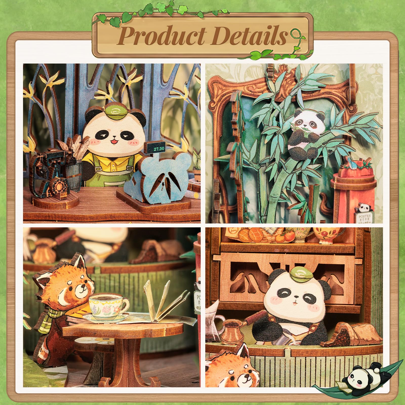 Fsolis Book Nook Kit, Per adulti Case delle bambole in miniatura con luce LED, Per reggilibri Libreria Libreria Decorazione 3D Puzzle in legno Regali per adulti (Panda Bookshop)