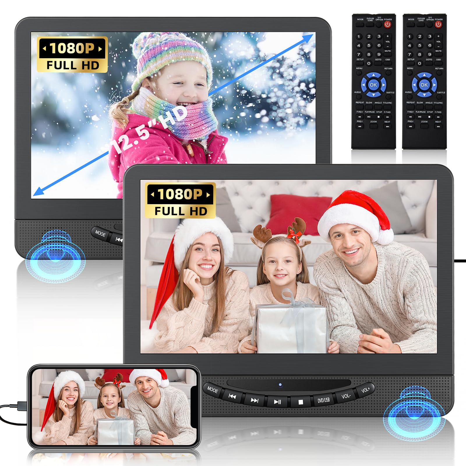 12.5" Dual Portable DVD Player for Car with 1080P HDMI Input, DESOBRY Car DVD Player Dual Screen Play A Same or Two Different Movies, 5 Hours Rechargeable Battery