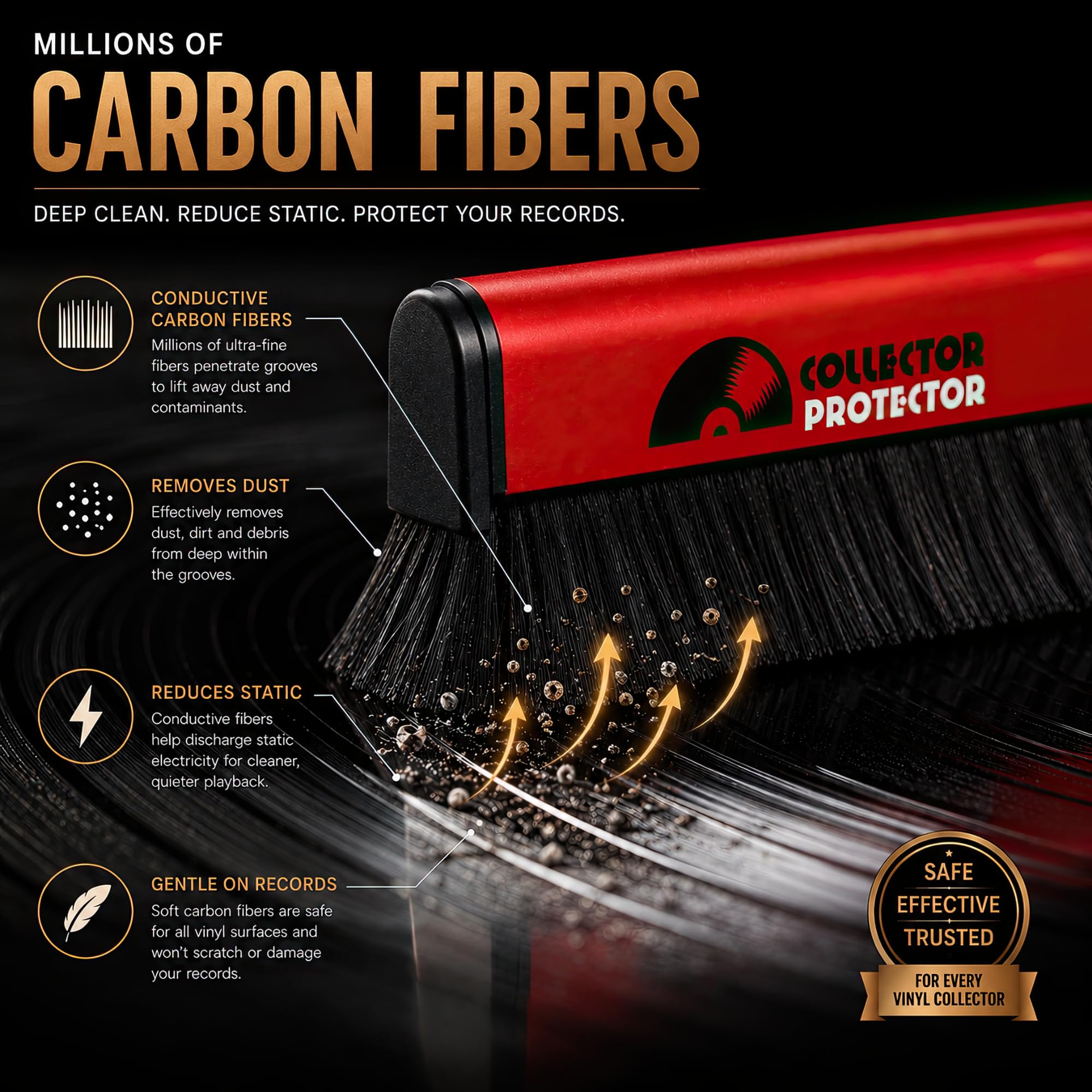 Vinyl Record Cleaner and Anti Static Carbon Fiber Record Brush by Collector Protector. A Must Have Accessory For Your Treasured Collection