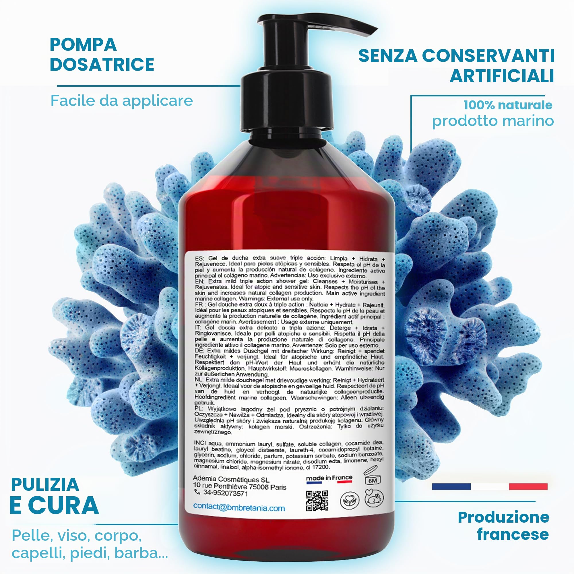 Gel Doccia Collagene Perlato Extra Delicato, Triplo Azione: Detergente Viso, Corpo e Capelli, Effetto Rassodante e Anti-età, Cura per la Pelle Atopica, Sensibile e Secca - 5000 ml
