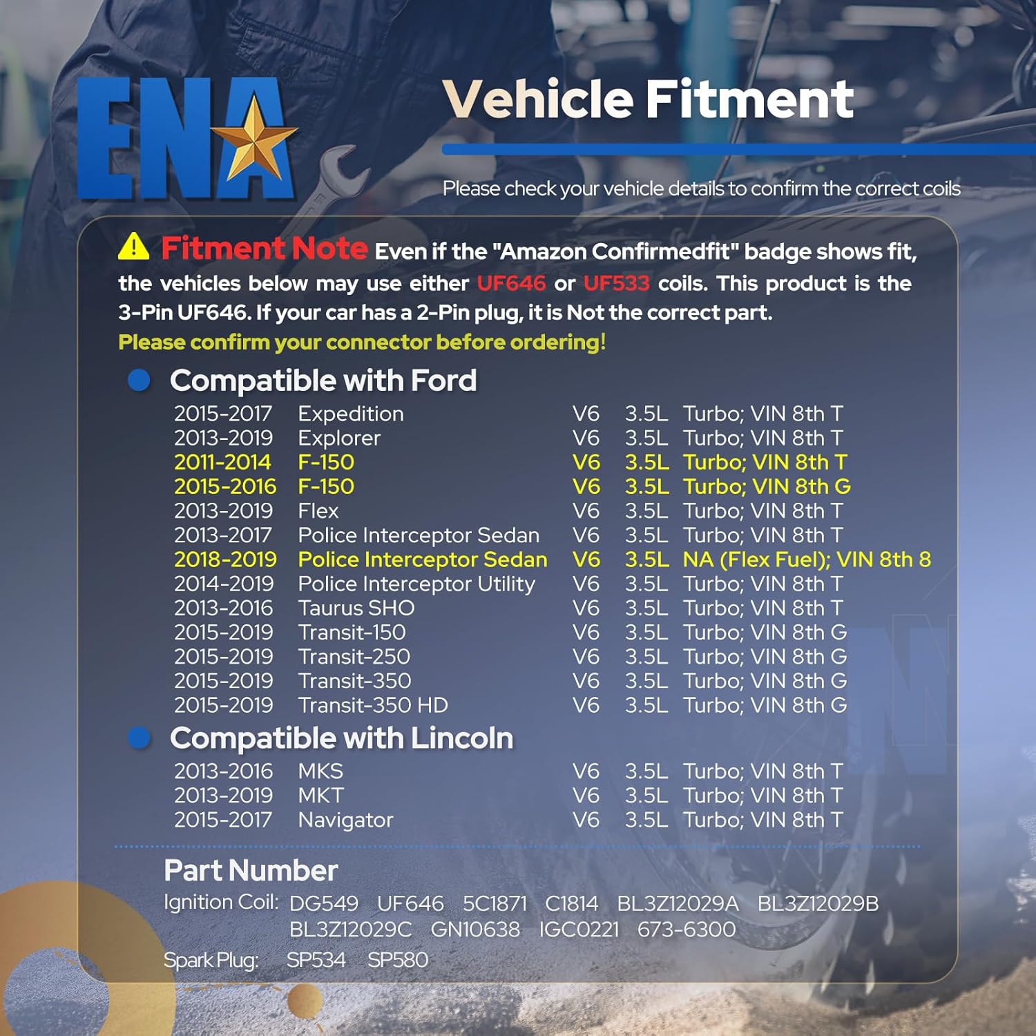 Set of 6 Ignition Coil Pack Iridium Spark Plug 3.5 EcoBoost V6 Compatible with Ford F150 F-150 Flex Taurus Explorer Lincoln MKS MKT 2011 2012 2013 2014 2015 2016 2017 3.5L Turbo for DG549 SP534