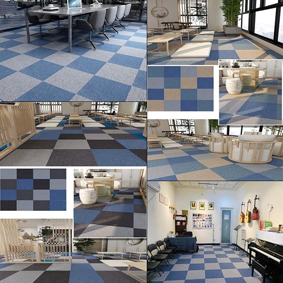 uyoyous 20 Pack Commercial Carpet Tiles, 20 x 20 Inch | with Stickers, PVC Backed, Non-slip, Reusable, 53.8 Sq Ft, Blue, for Home Office