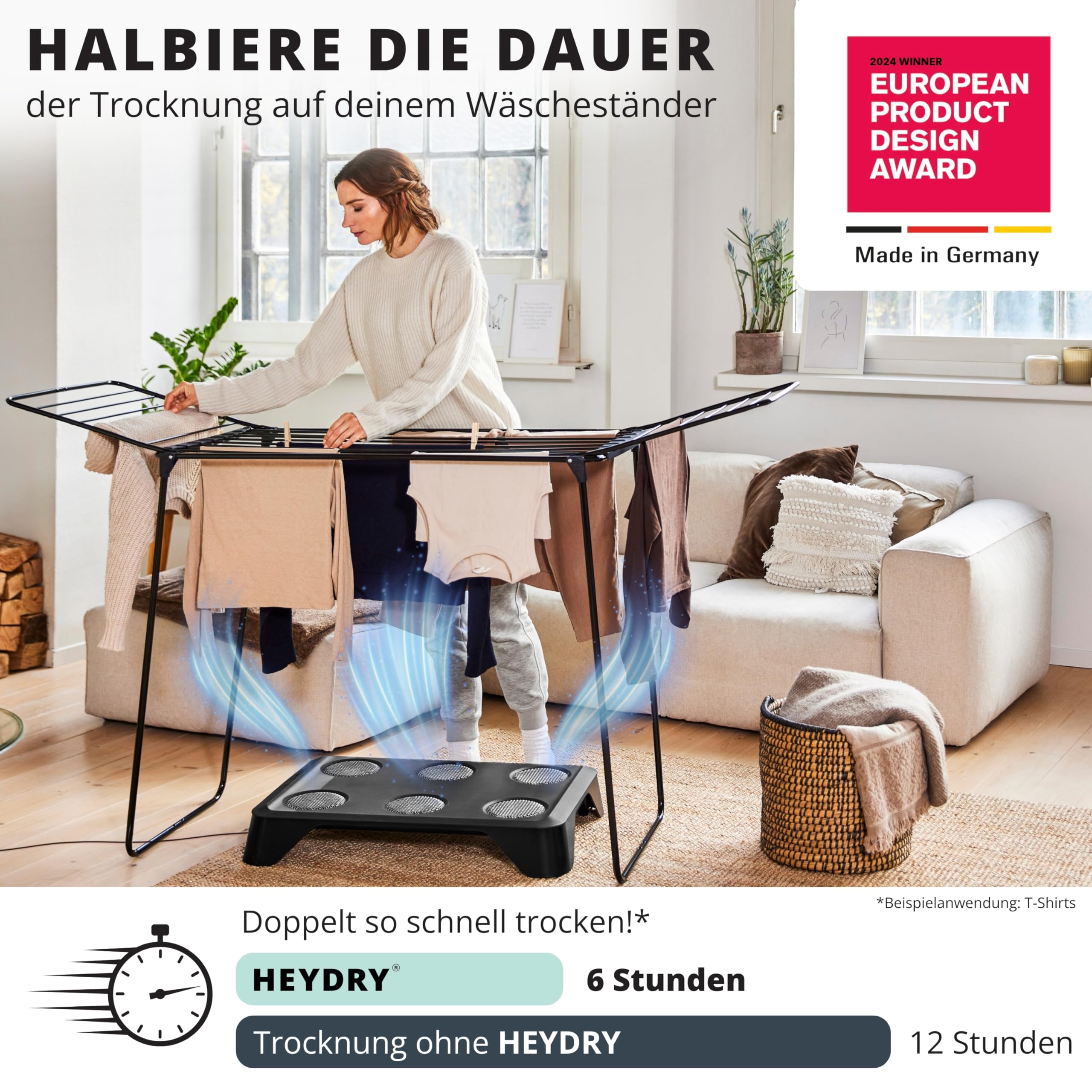 HEYDRY® Wäschetrockner für Wäscheständer – energiesparende Alternative zum Trockner, ohne Hitze, leise & kompakt, schnelleres Wäsche trocknen in Innenräumen, wäscheschonend, Made in Germany - Image 2