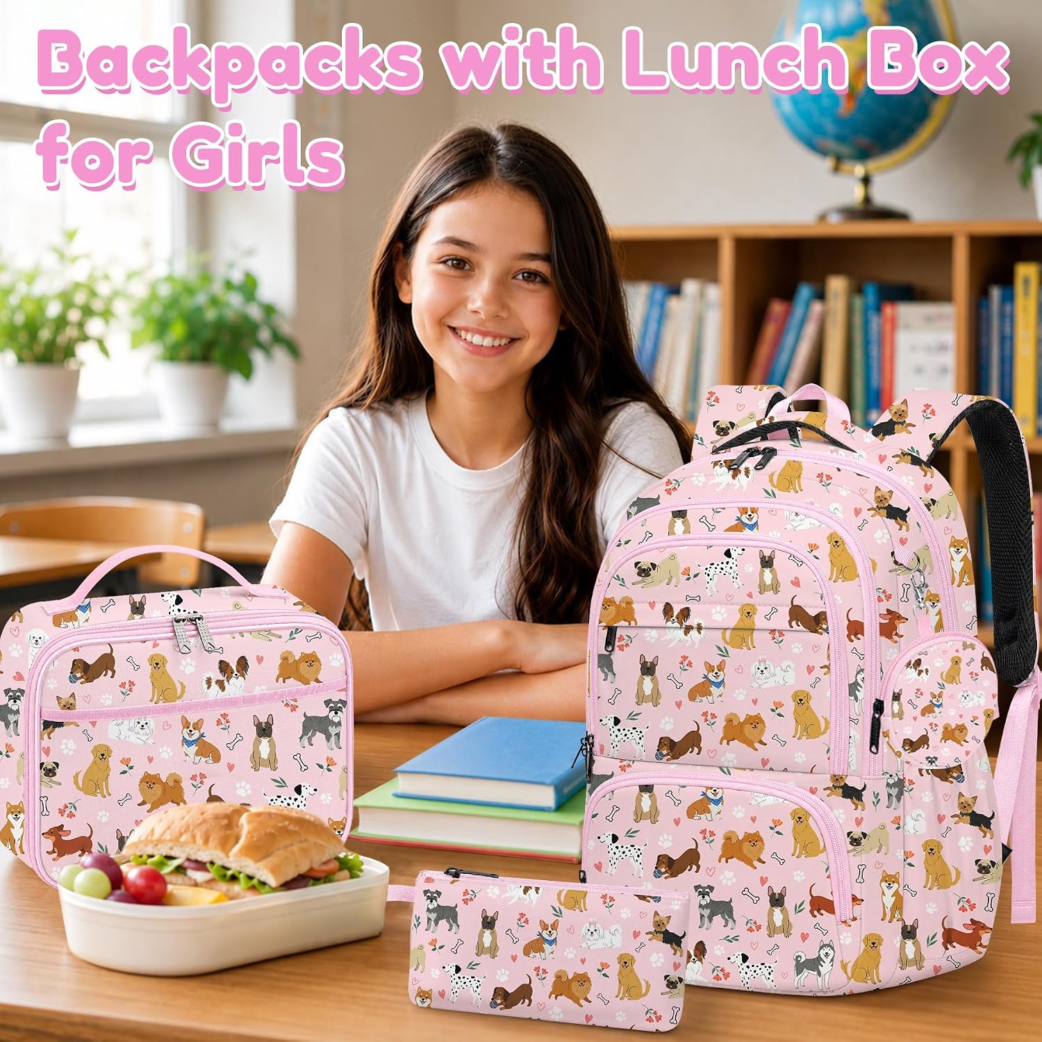 Dogs Backpack for Girls, Cute Kids School Backpack with Lunch Box Pencil Case and Coin Pouch, School Bookbag for Teens Elementary 17in