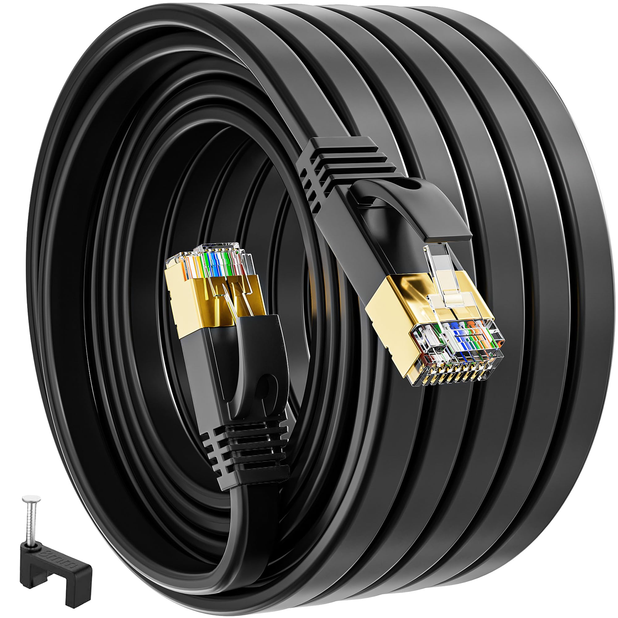 Ethernet Kabel 40m Cat 7, Buiten Binnen Netwerkkabel 40m Hoge Snelheid, Wit Plat RJ45 Internetkabel 600MHz 1Gbps, Lang S/FTP Gigabit LAN Kabel 40m CAT7 Patchkabel voor Router Switch Modem (40 Clips
