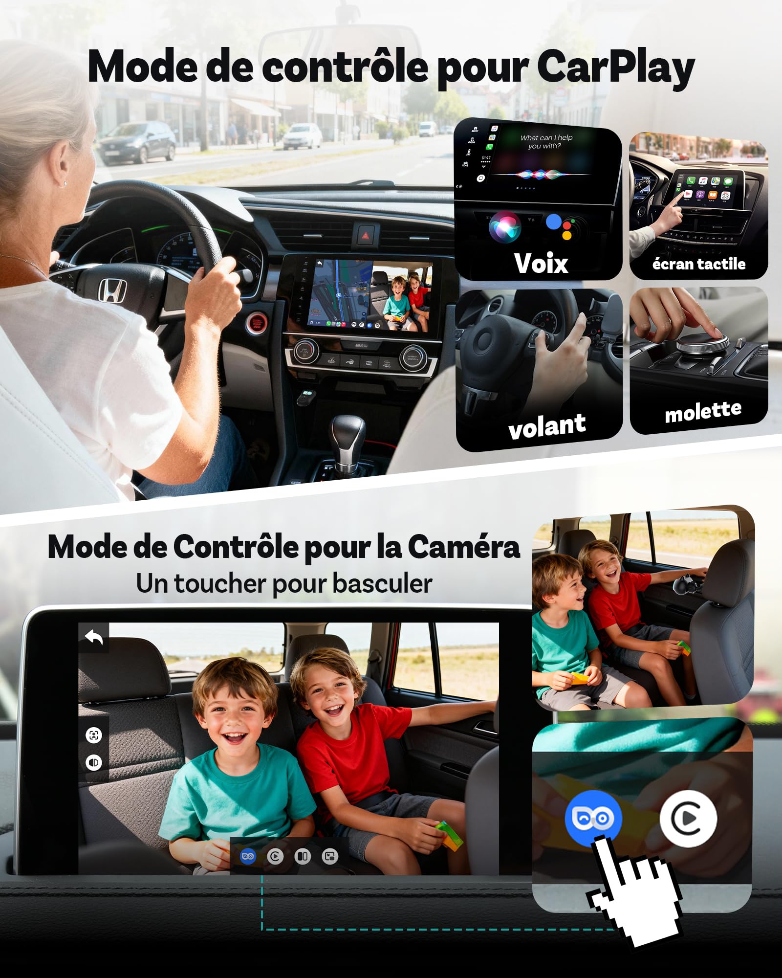 OTTOCAST Cabin Care 2026 Adaptateur CarPlay sans Fil 2-en-1 avec Caméra 1080P pour Bébé/Enfants/Animaux, 150° Grand Angle, Vision Nocturne IR, Compatible Voitures CarPlay Câblé 2016+