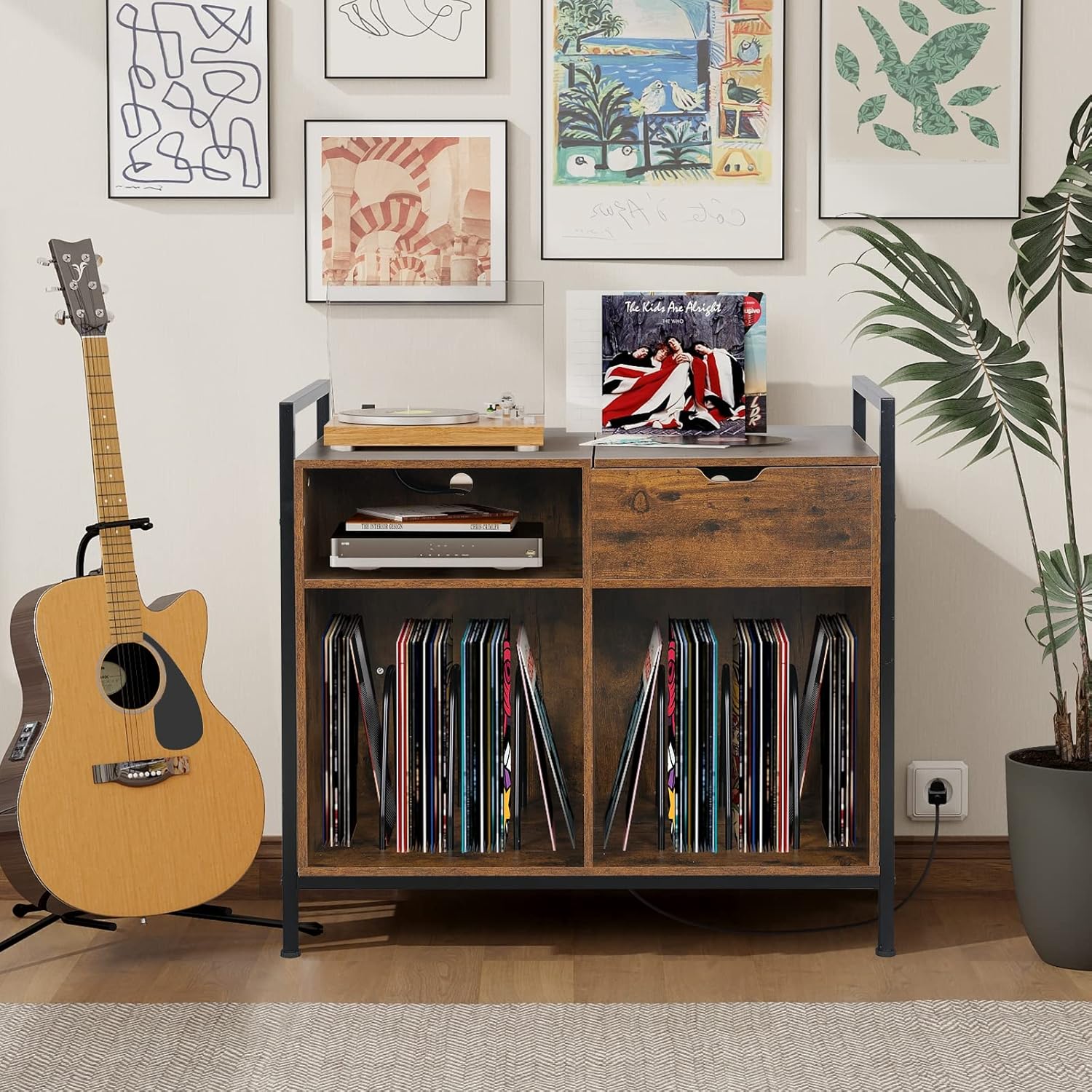 ARTETHYS Record Player Stand with Vinyl Storage, Charging Station and