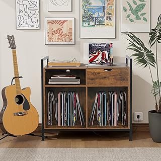 Record Player Stand with Vinyl Storage, Charging Station and LED Light Vintage Vinyl Record Storage Cabinet Holds Up to 360 Albums, Large Turntable Stand End Table for Record Player