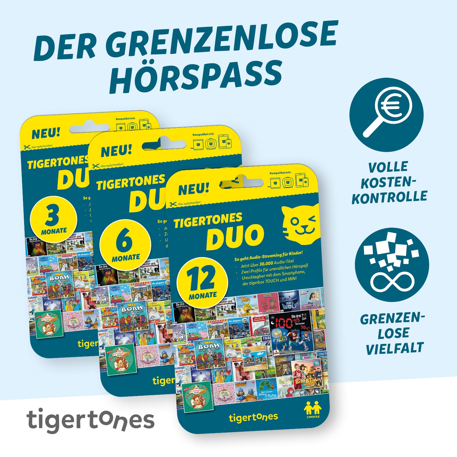 tigermedia tigertones Duo Prepaid-Zugang 6 Monate | Audio-Streamingdienst für Kinder | Über 30.000 Audiotitel | Volle Kostenkontrolle | Nutzbar mit tigerbox Touch und MINI | Musikbox