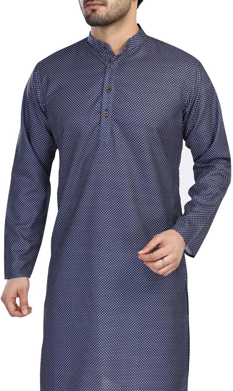 In-Sattva Men's Indian Folk Print Banded Collar Knee-Length Kurta Tunic - Image 5