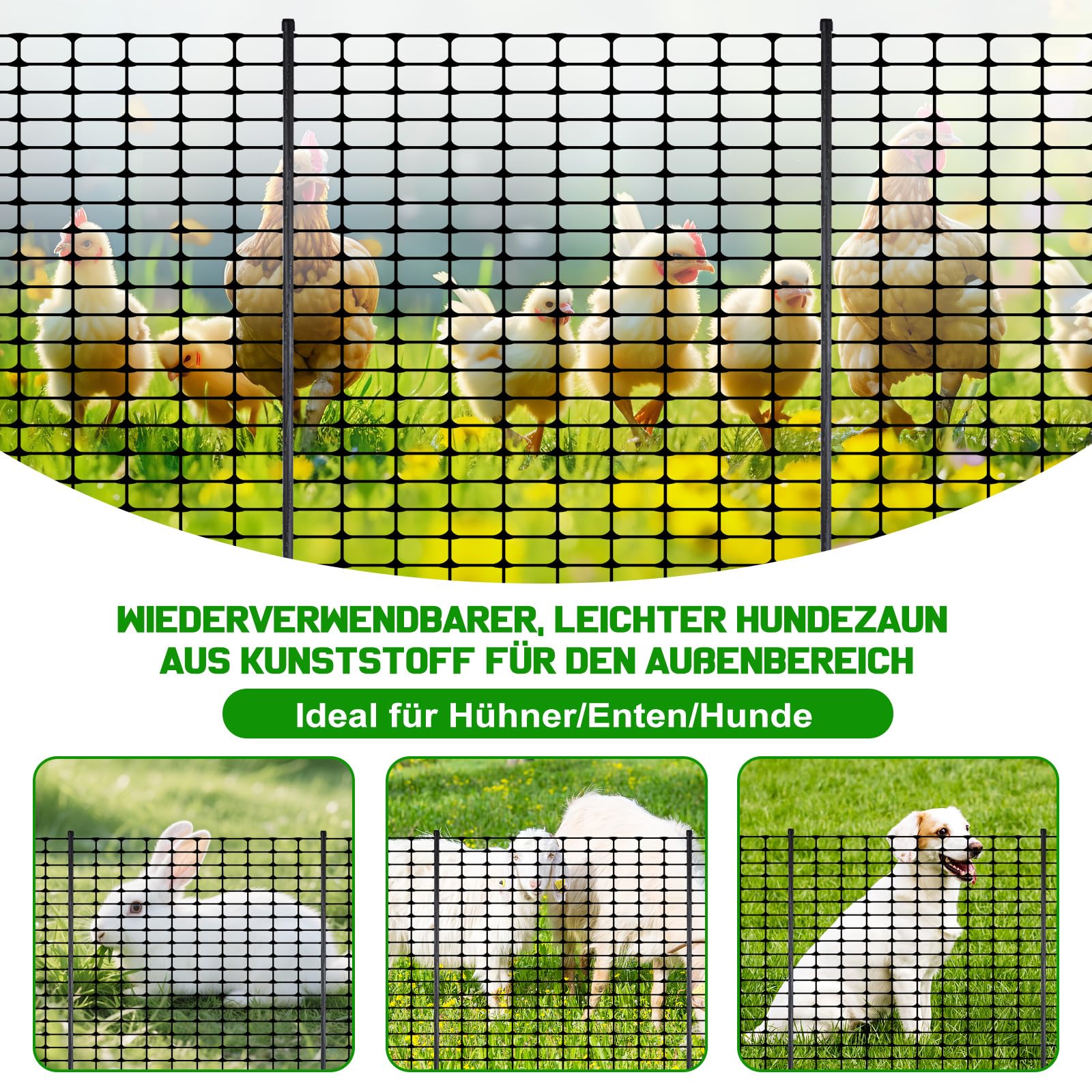 Mobiler Begrenzungszaun 100 cm hoch – 30 m Steckzaun mit 25 Pfählen, ohne Strom, engmaschig, grün | Hunde- & Hühnerzaun, Campingzaun
