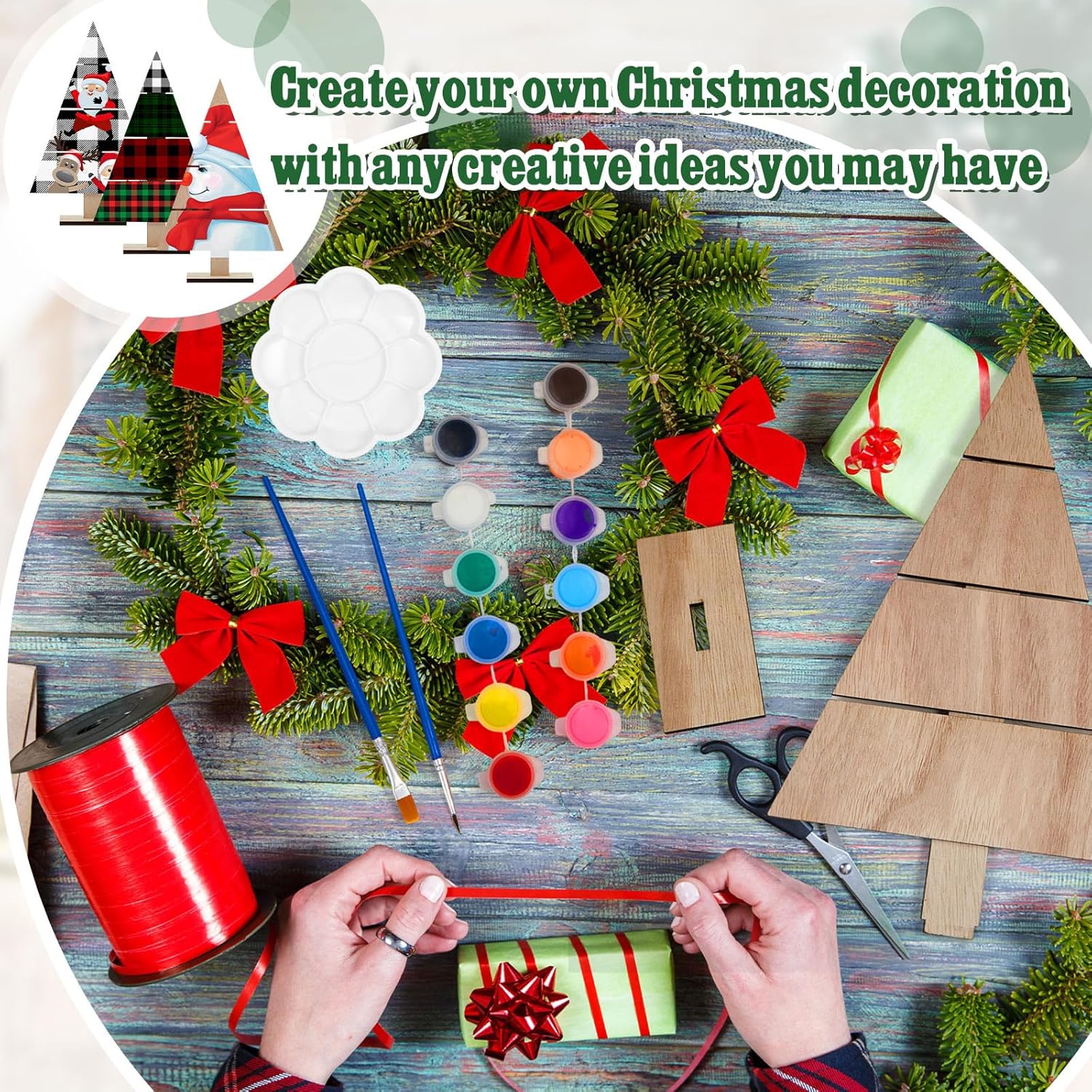Soaoo 8 Pcs Christmas Standing Wood Pallet 11.81" x 7.48" Christmas Tree Unfinished DIY Wooden Ornaments Kit Rustic Wooden Crafts 12 Colors Pigment Palettes and Paint Brushes
